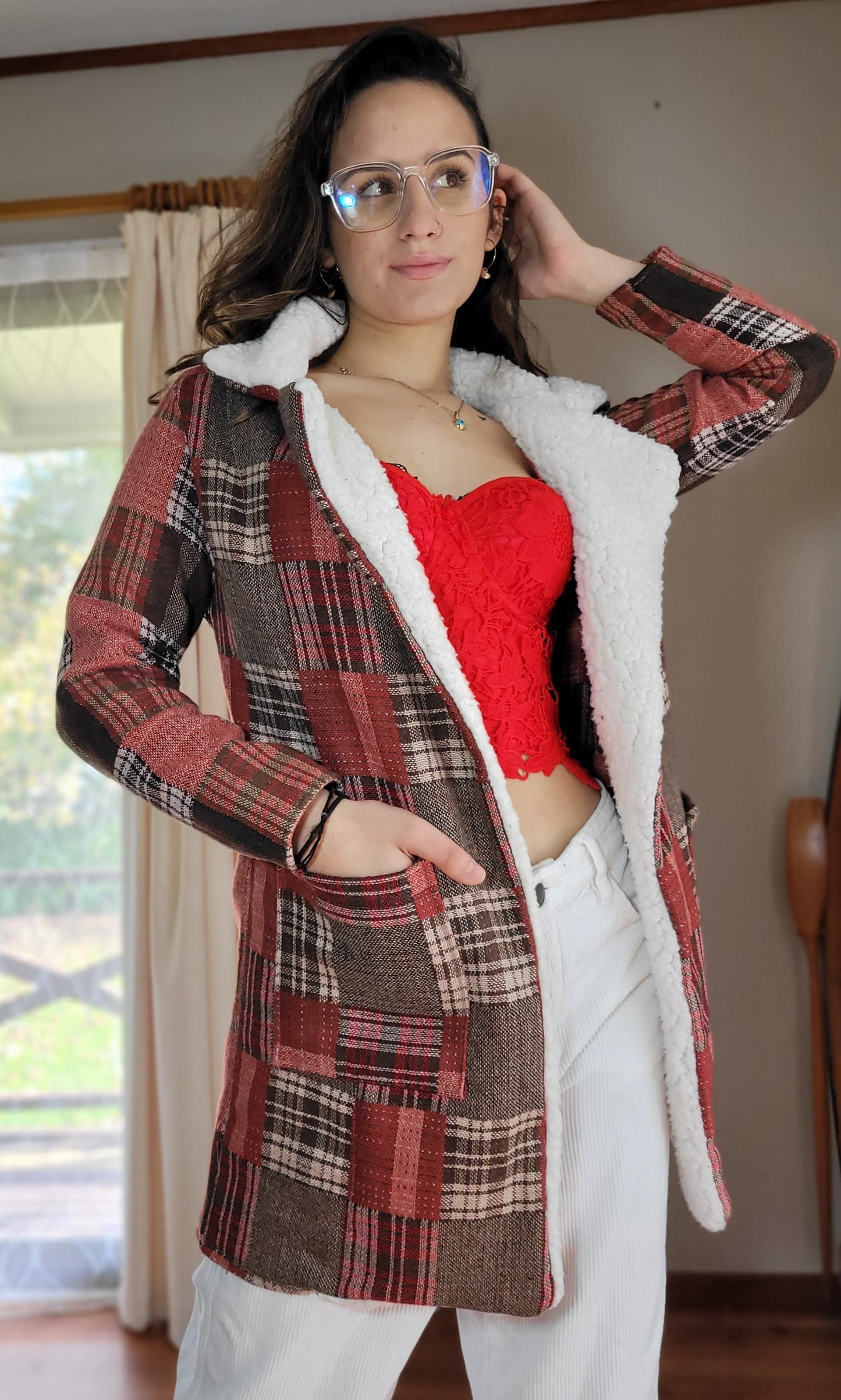 Plaid Fur trim Coat - Preloved Coat