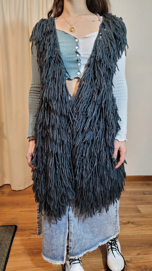 Blu Pepper Yarn Vest Womens Crochet Knit All Over Fringe Swamp Thing