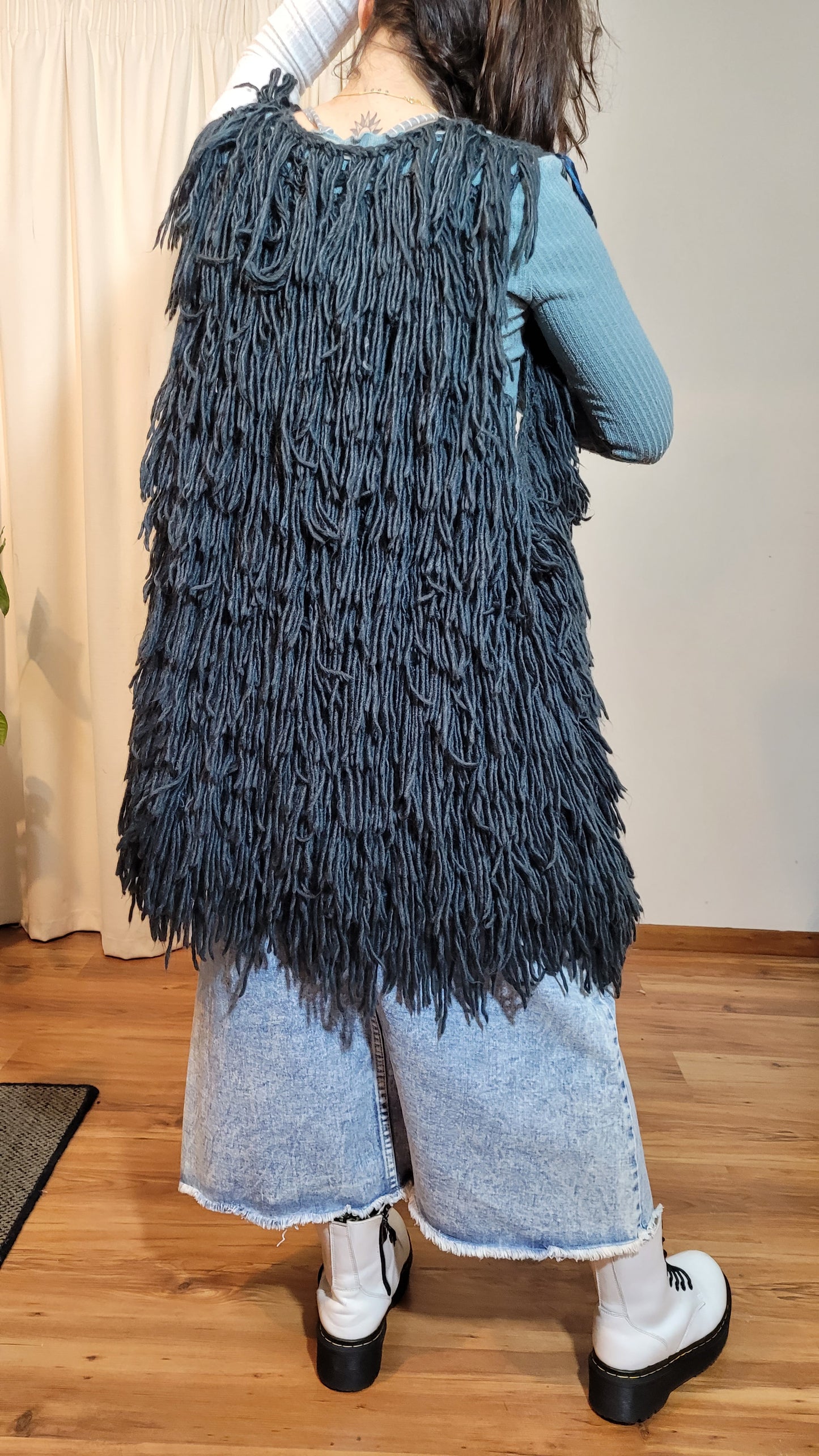 Blu Pepper Yarn Vest Womens Crochet Knit All Over Fringe Swamp Thing