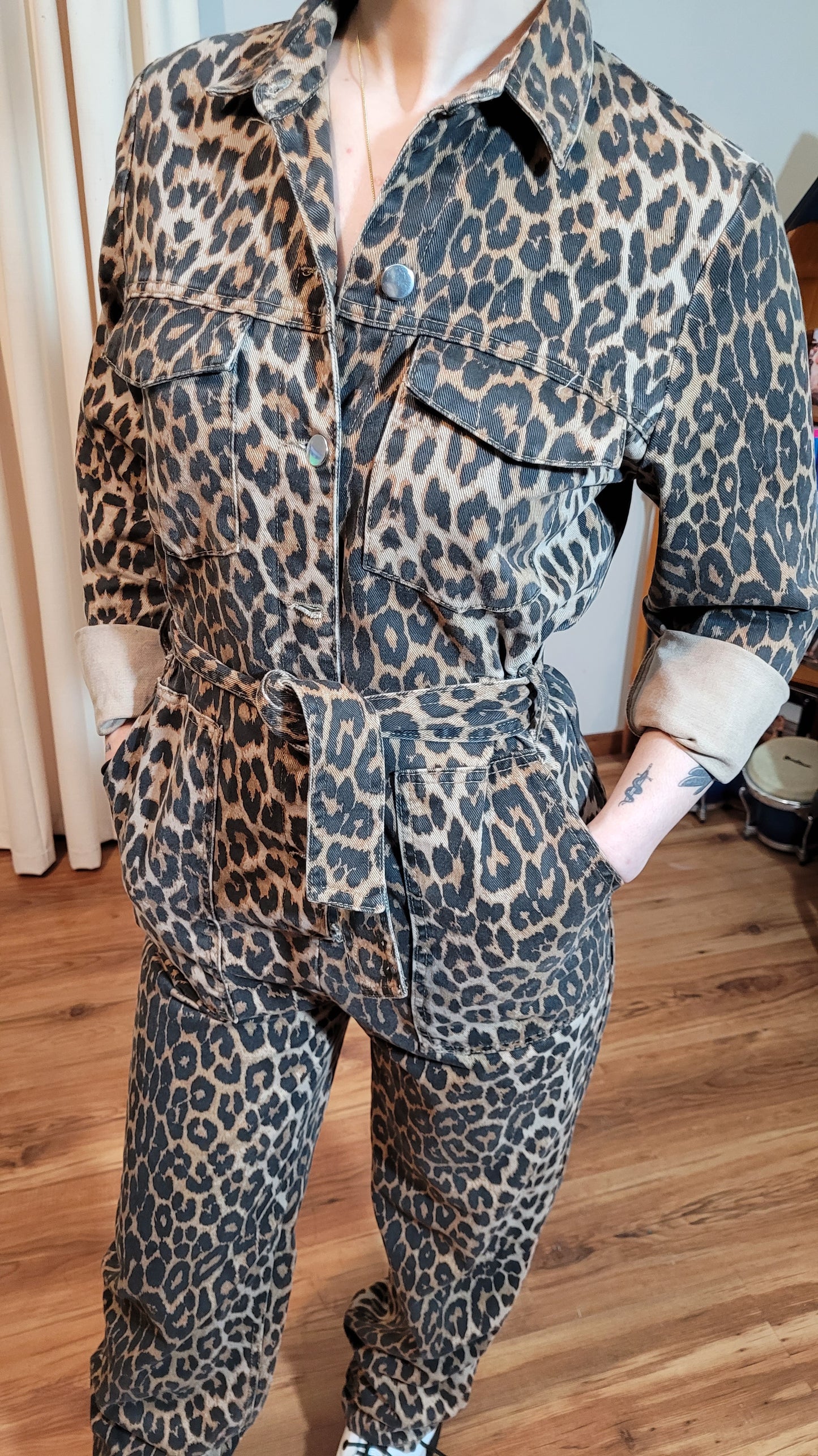 Zara leopard print Denim Jumpsuit