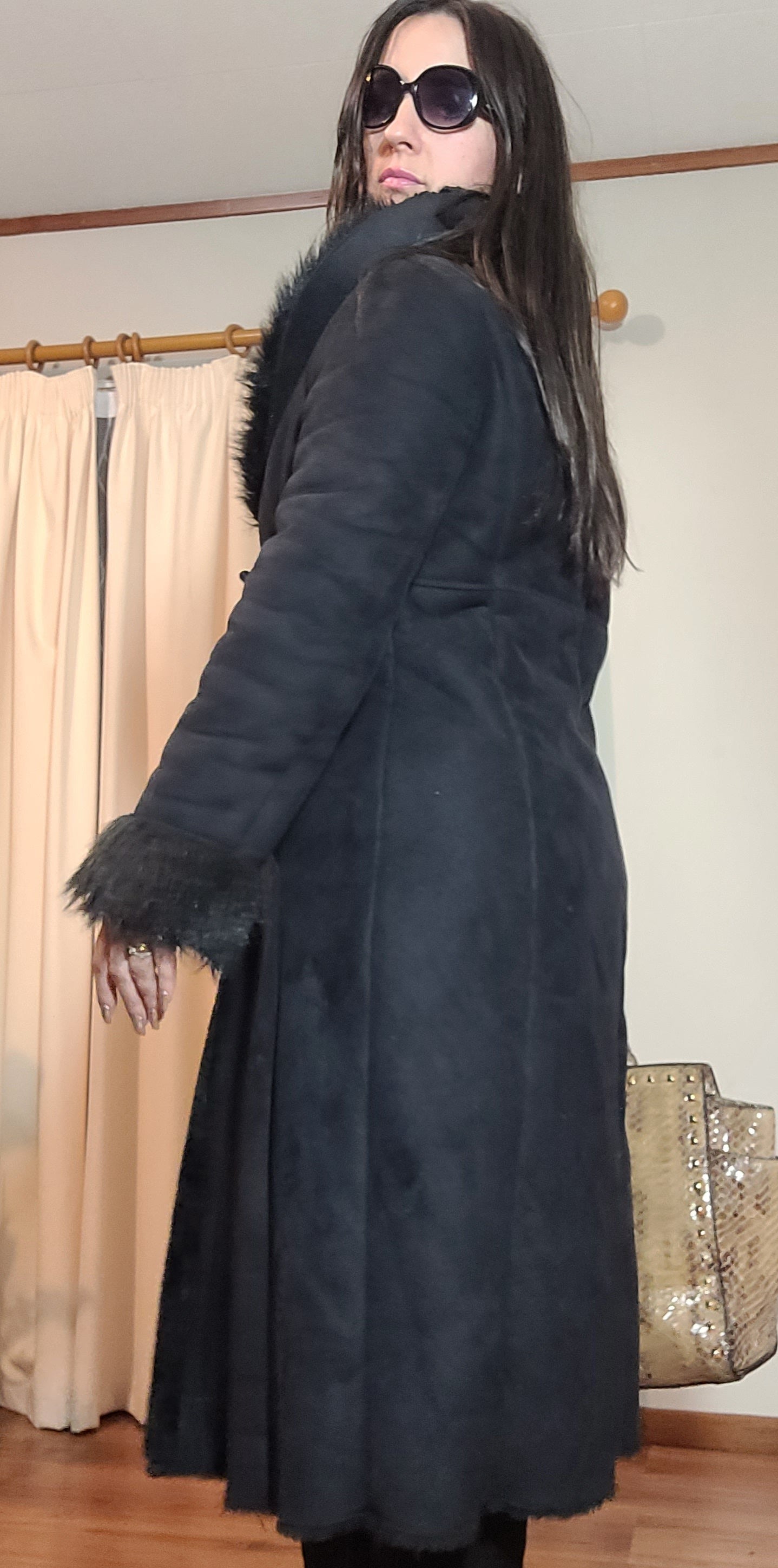 Grace Hill Long Coat - Preloved Black Faux Fur Retro Style - Size 12. long Black Coat Shearling long Coat