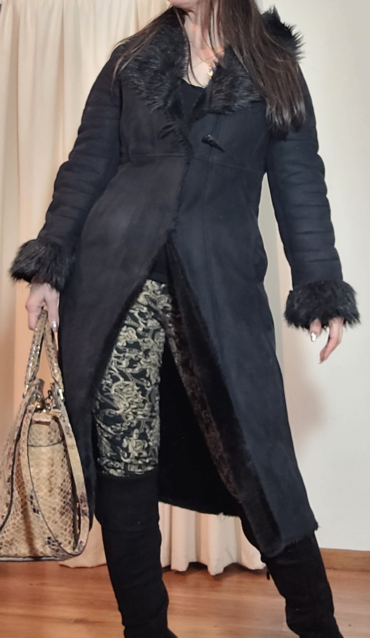 Grace Hill Long Coat - Preloved Black Faux Fur Retro Style - Size 12. long Black Coat Shearling long Coat