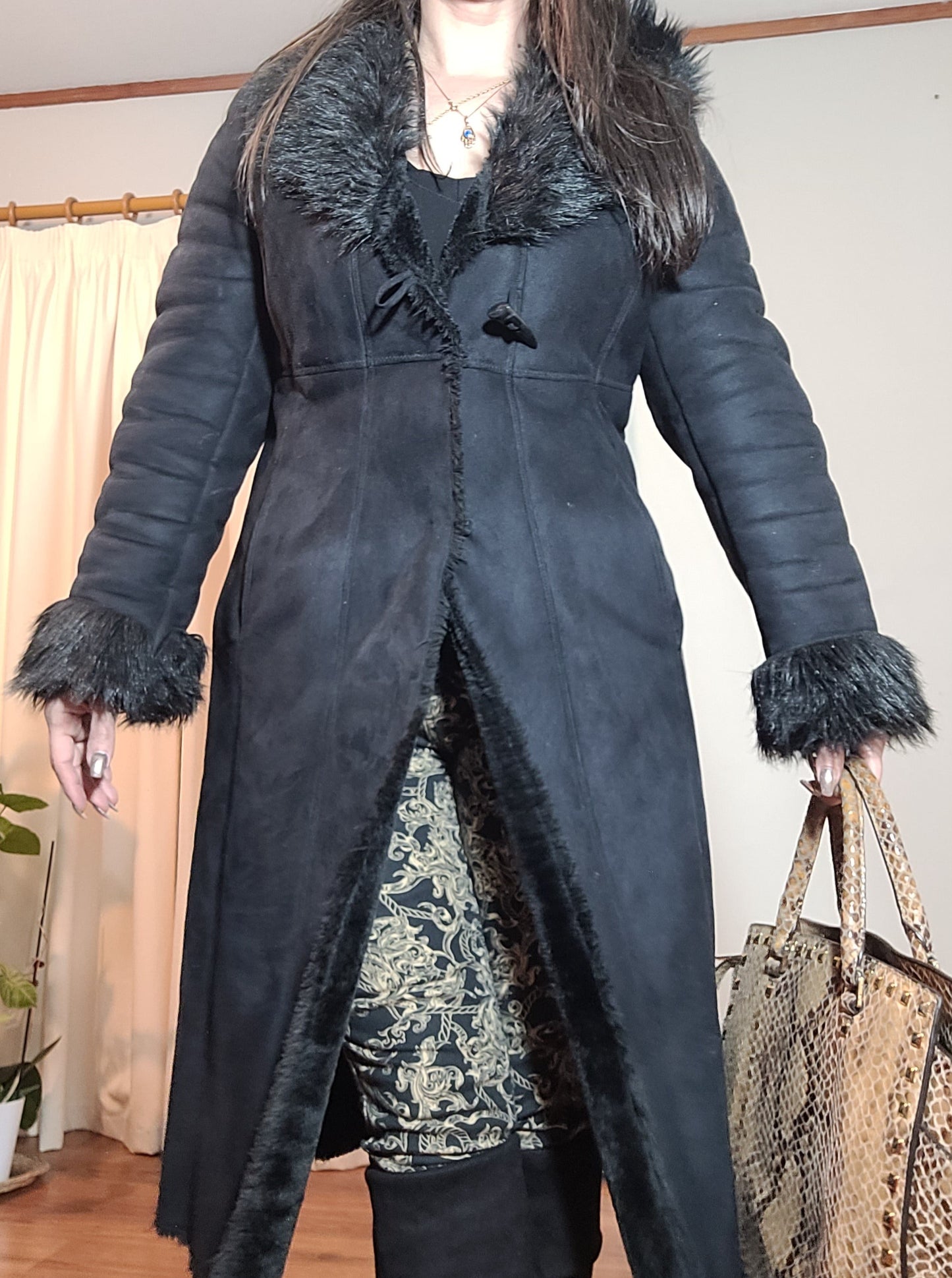 Grace Hill Long Coat - Preloved Black Faux Fur Retro Style - Size 12. long Black Coat Shearling long Coat