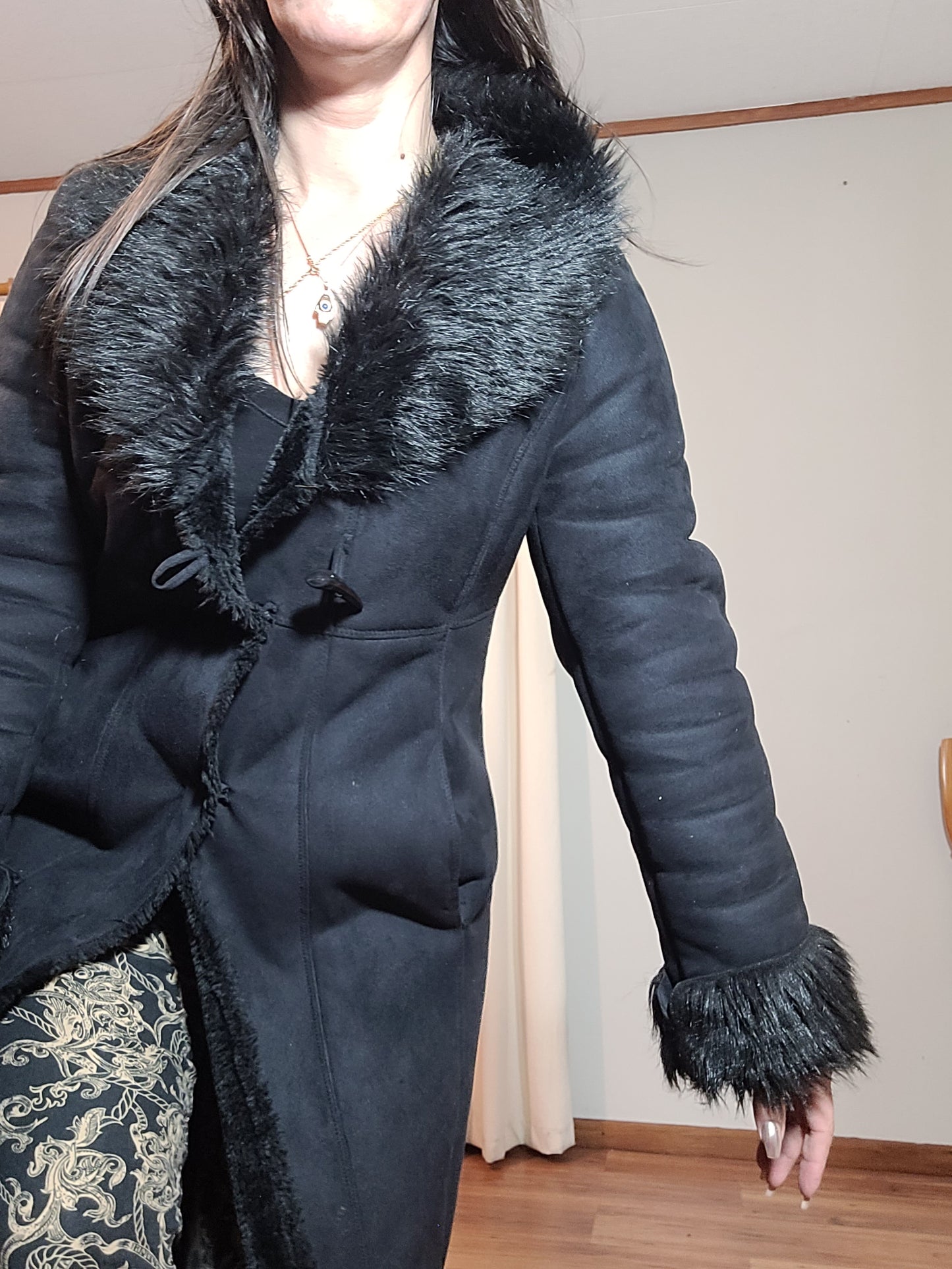 Grace Hill Long Coat - Preloved Black Faux Fur Retro Style - Size 12. long Black Coat Shearling long Coat