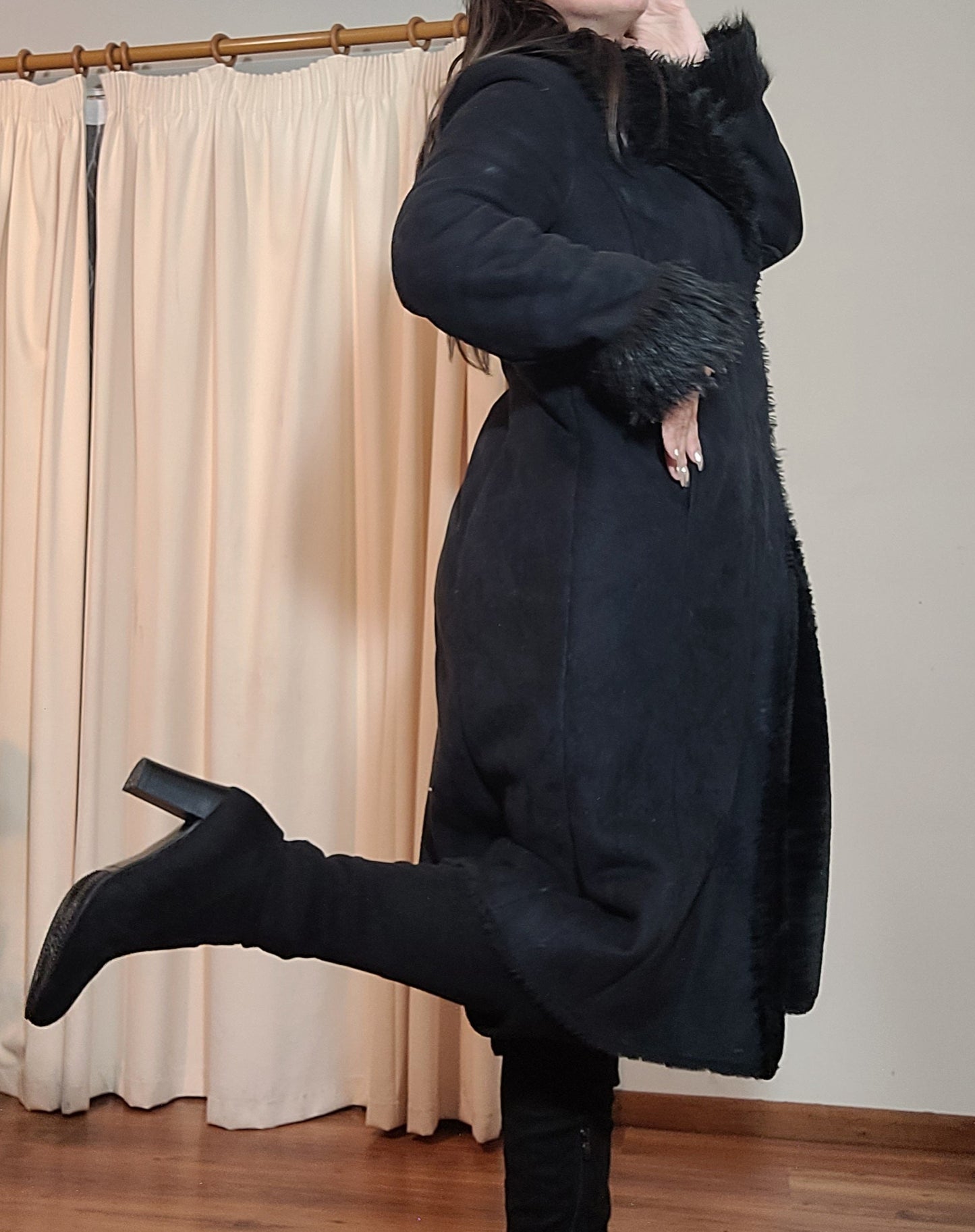 Grace Hill Long Coat - Preloved Black Faux Fur Retro Style - Size 12. long Black Coat Shearling long Coat