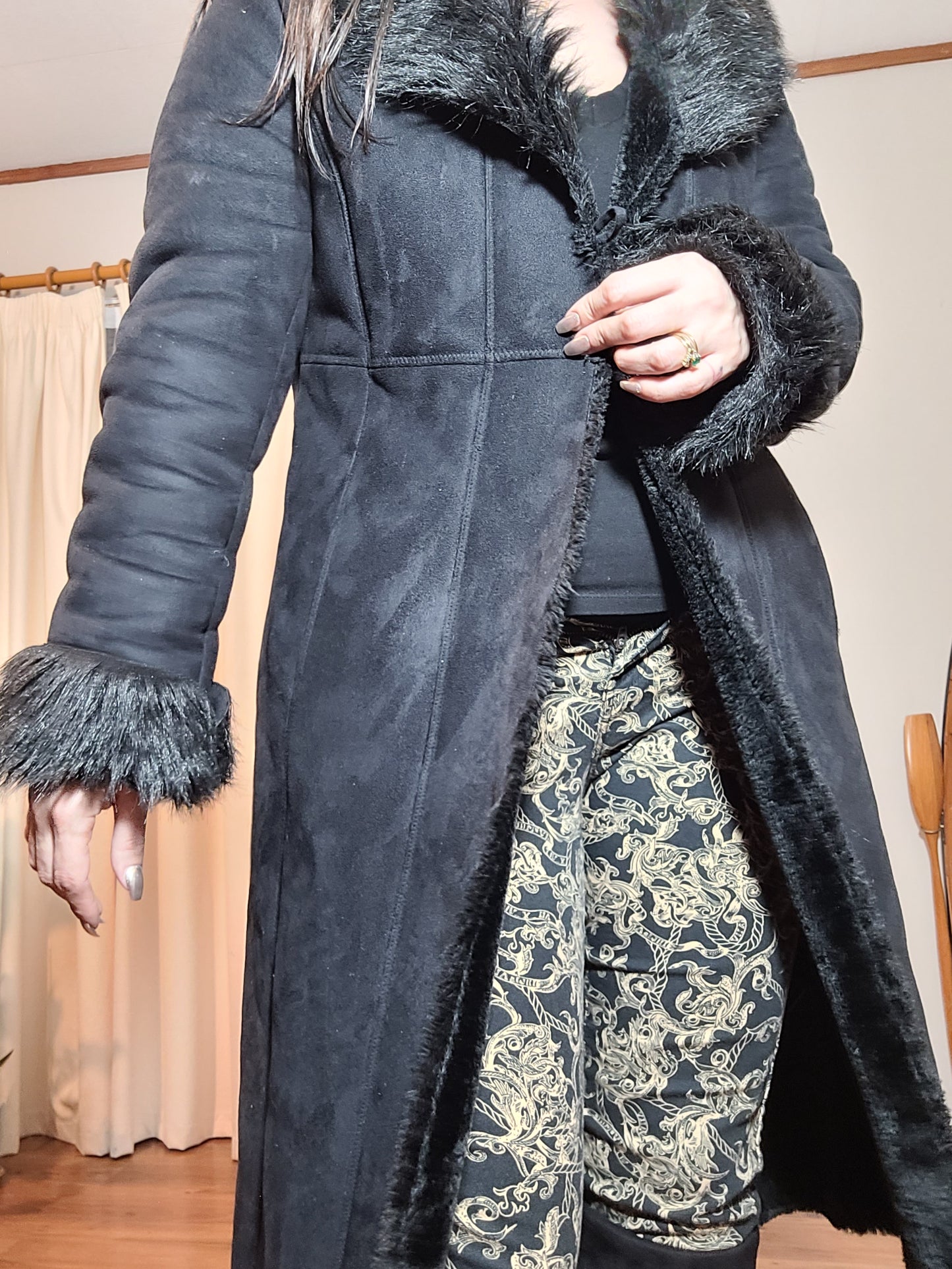 Grace Hill Long Coat - Preloved Black Faux Fur Retro Style - Size 12. long Black Coat Shearling long Coat