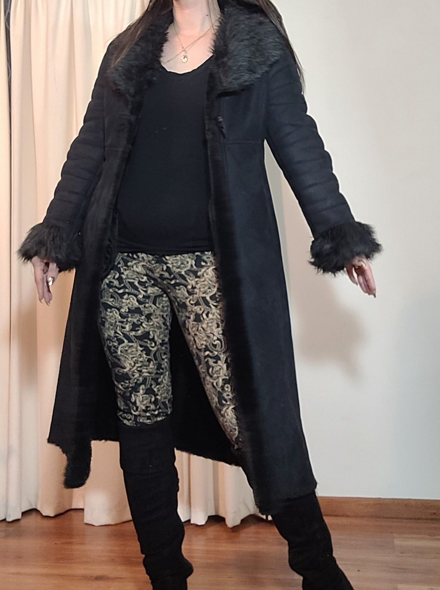 Grace Hill Long Coat - Preloved Black Faux Fur Retro Style - Size 12. long Black Coat Shearling long Coat