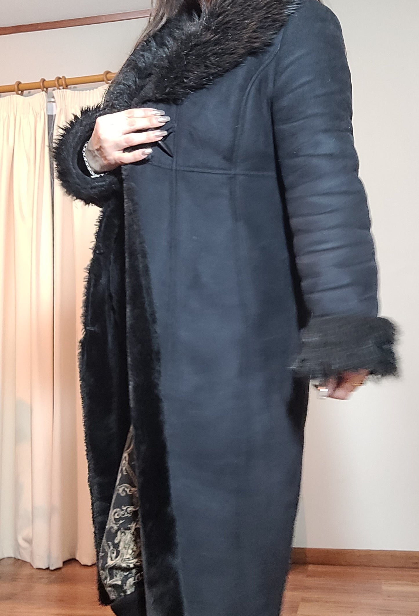 Grace Hill Long Coat - Preloved Black Faux Fur Retro Style - Size 12. long Black Coat Shearling long Coat