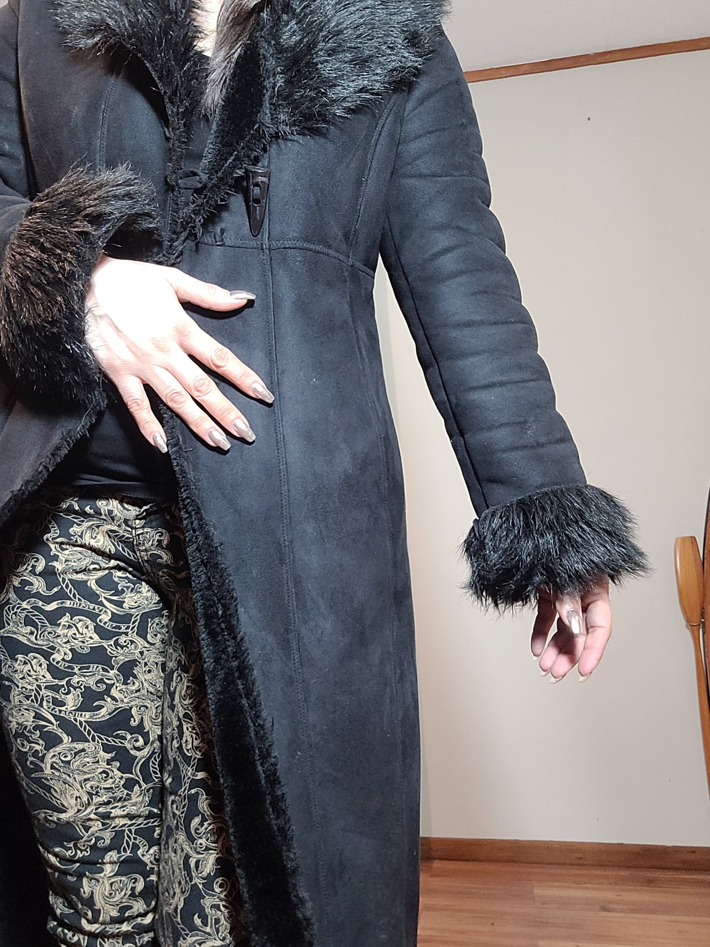 Grace Hill Long Coat - Preloved Black Faux Fur Retro Style - Size 12. long Black Coat Shearling long Coat