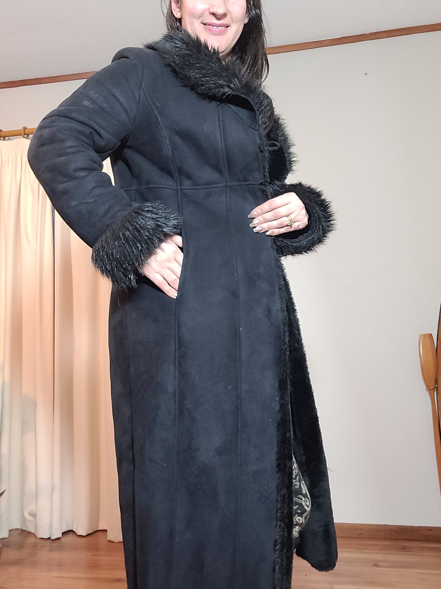 Grace Hill Long Coat - Preloved Black Faux Fur Retro Style - Size 12. long Black Coat Shearling long Coat