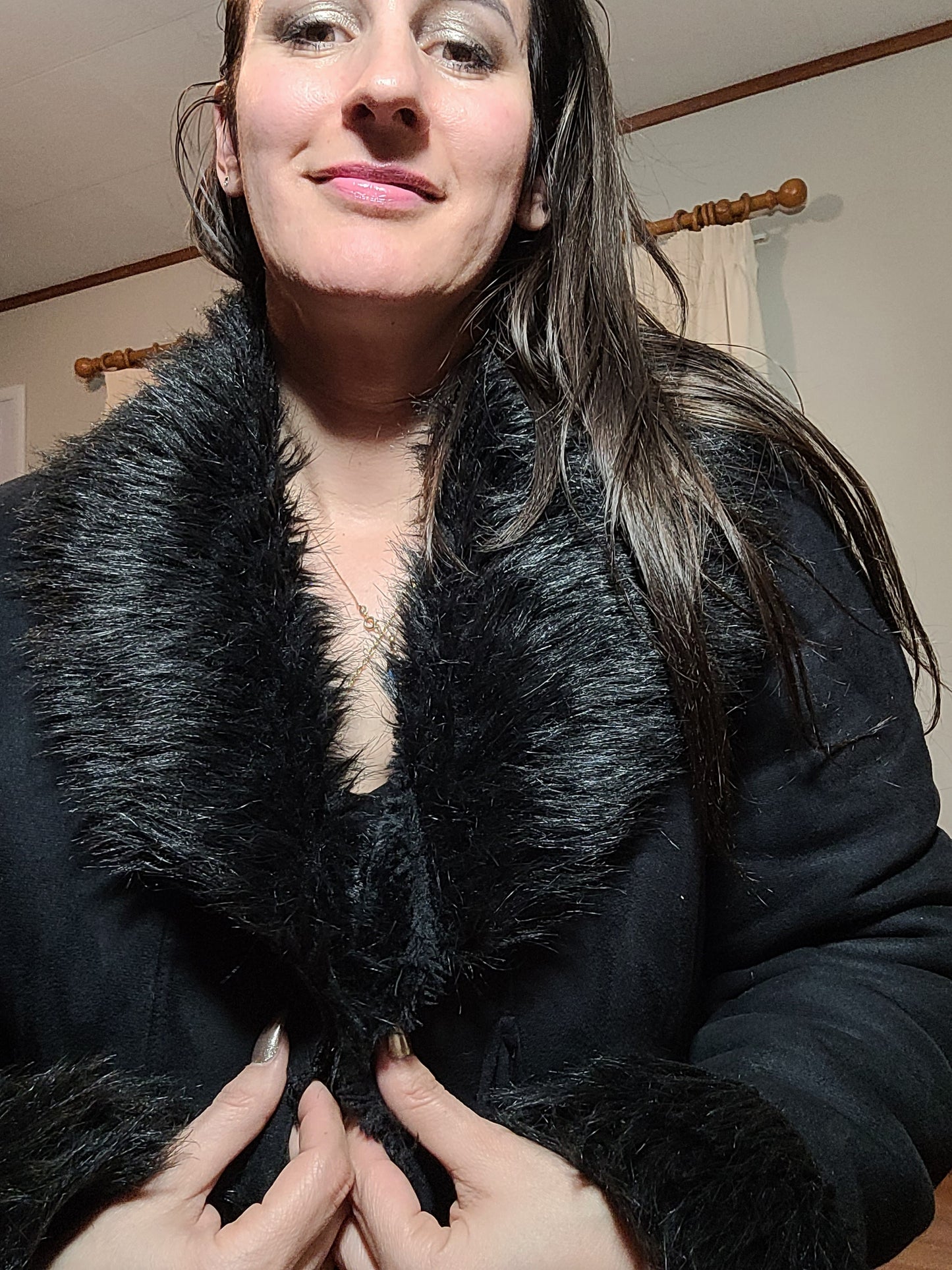 Grace Hill Long Coat - Preloved Black Faux Fur Retro Style - Size 12. long Black Coat Shearling long Coat