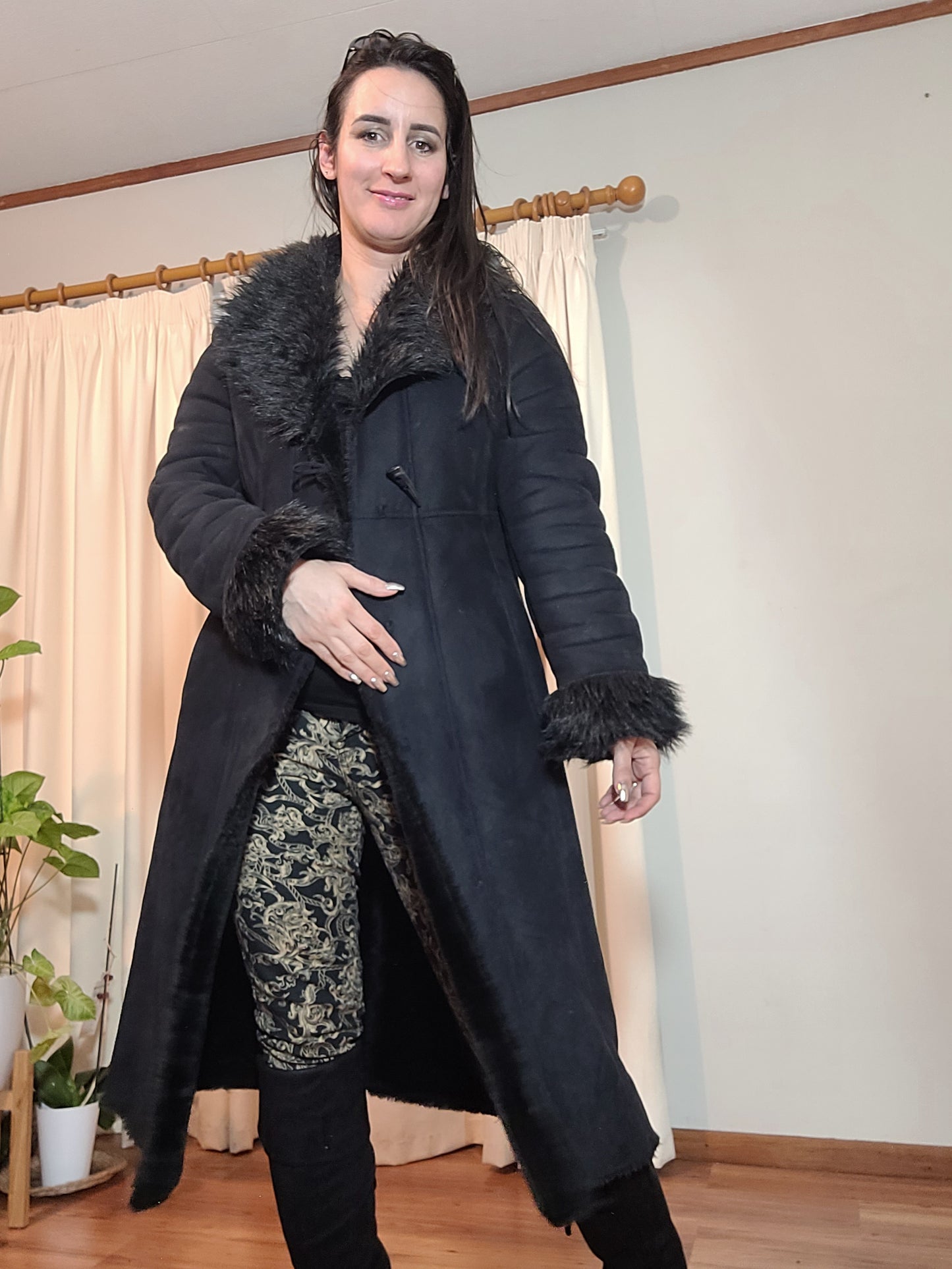 Grace Hill Long Coat - Preloved Black Faux Fur Retro Style - Size 12. long Black Coat Shearling long Coat