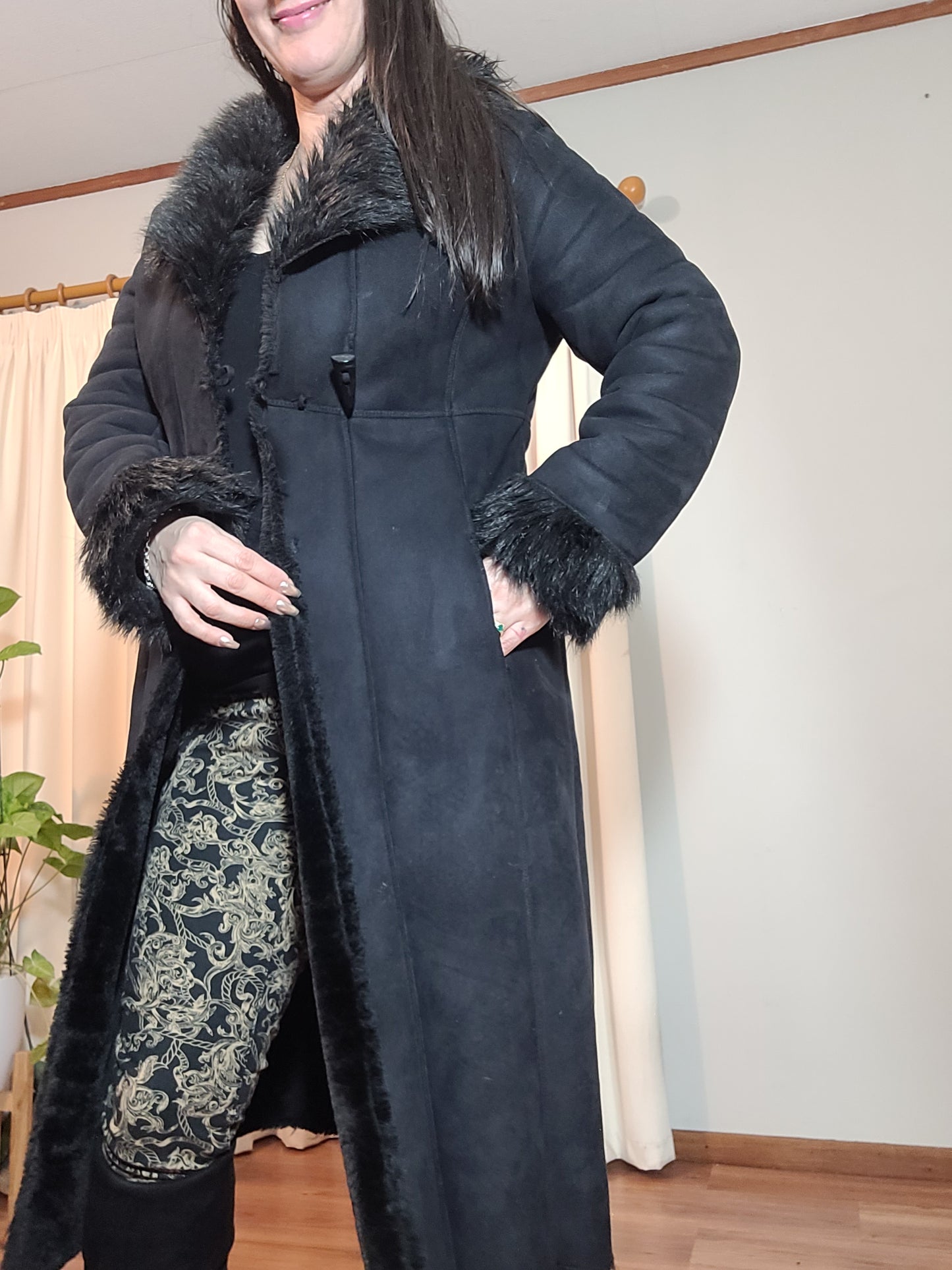 Grace Hill Long Coat - Preloved Black Faux Fur Retro Style - Size 12. long Black Coat Shearling long Coat