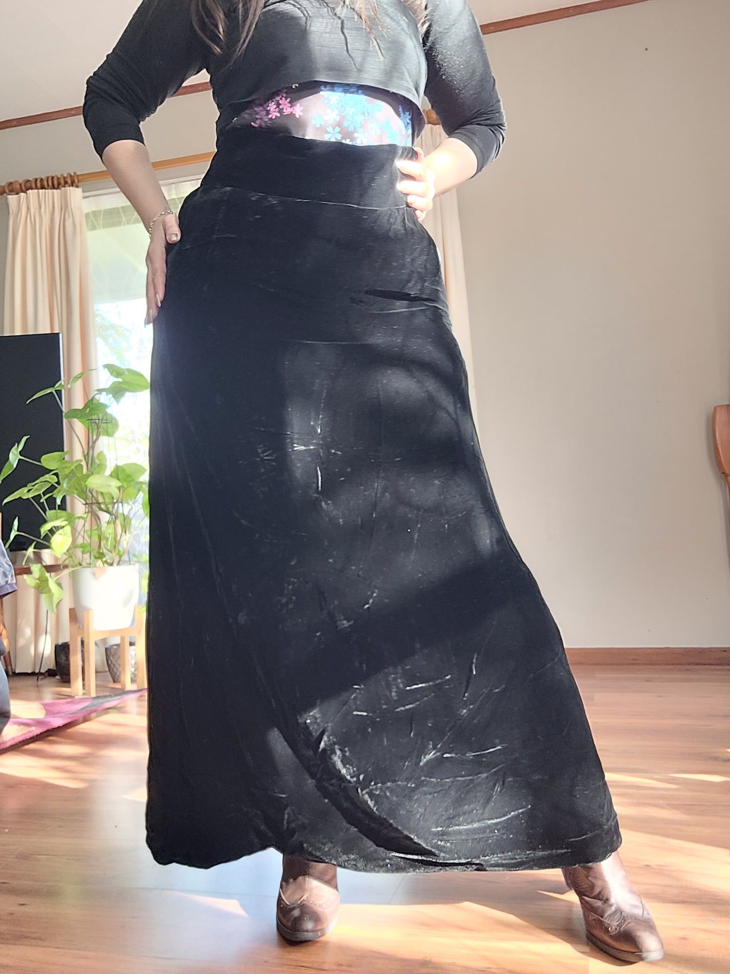 Vintage Black Maxi Skirt with Velvet - Silk from Australia.