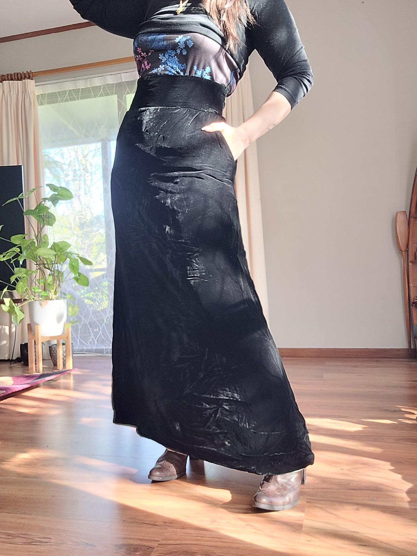 Vintage Black Maxi Skirt with Velvet - Silk from Australia.