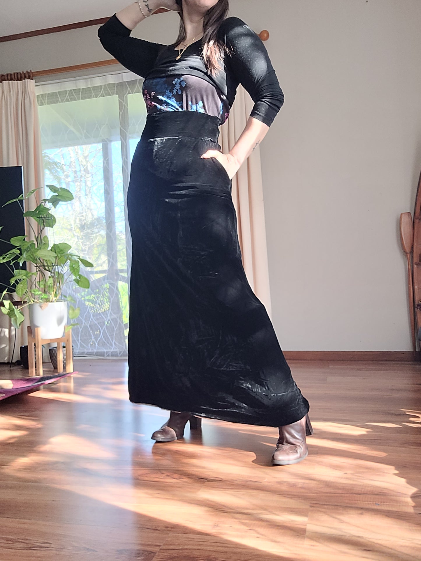 Vintage Black Maxi Skirt with Velvet - Silk from Australia.