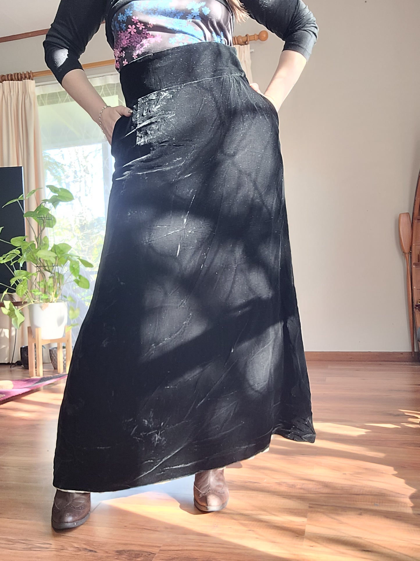 Vintage Black Maxi Skirt with Velvet - Silk from Australia.