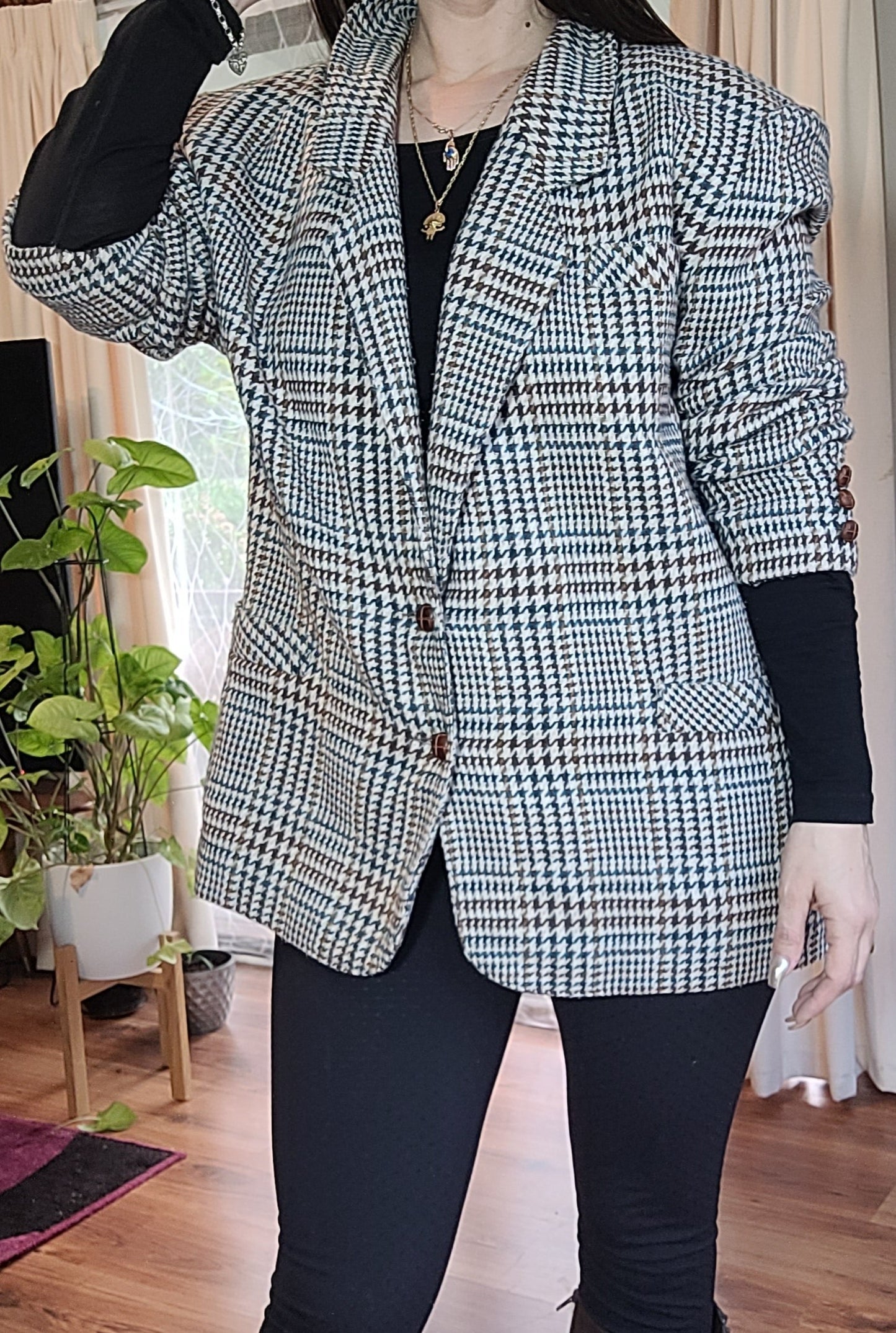 Vintage Houndstooth Blazer Jacket Women