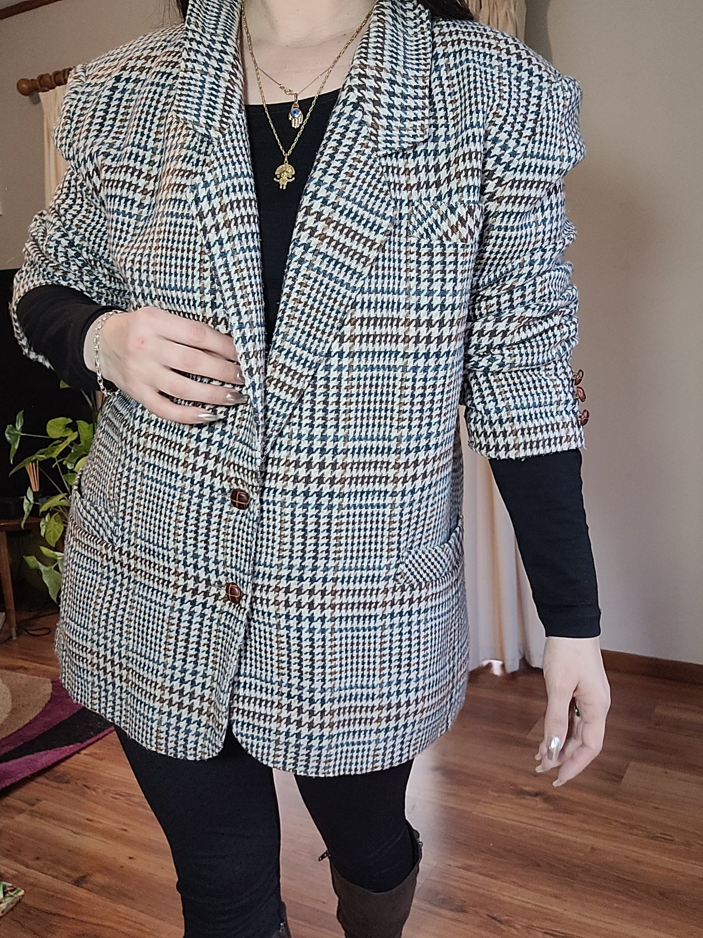 Vintage Houndstooth Blazer Jacket Women