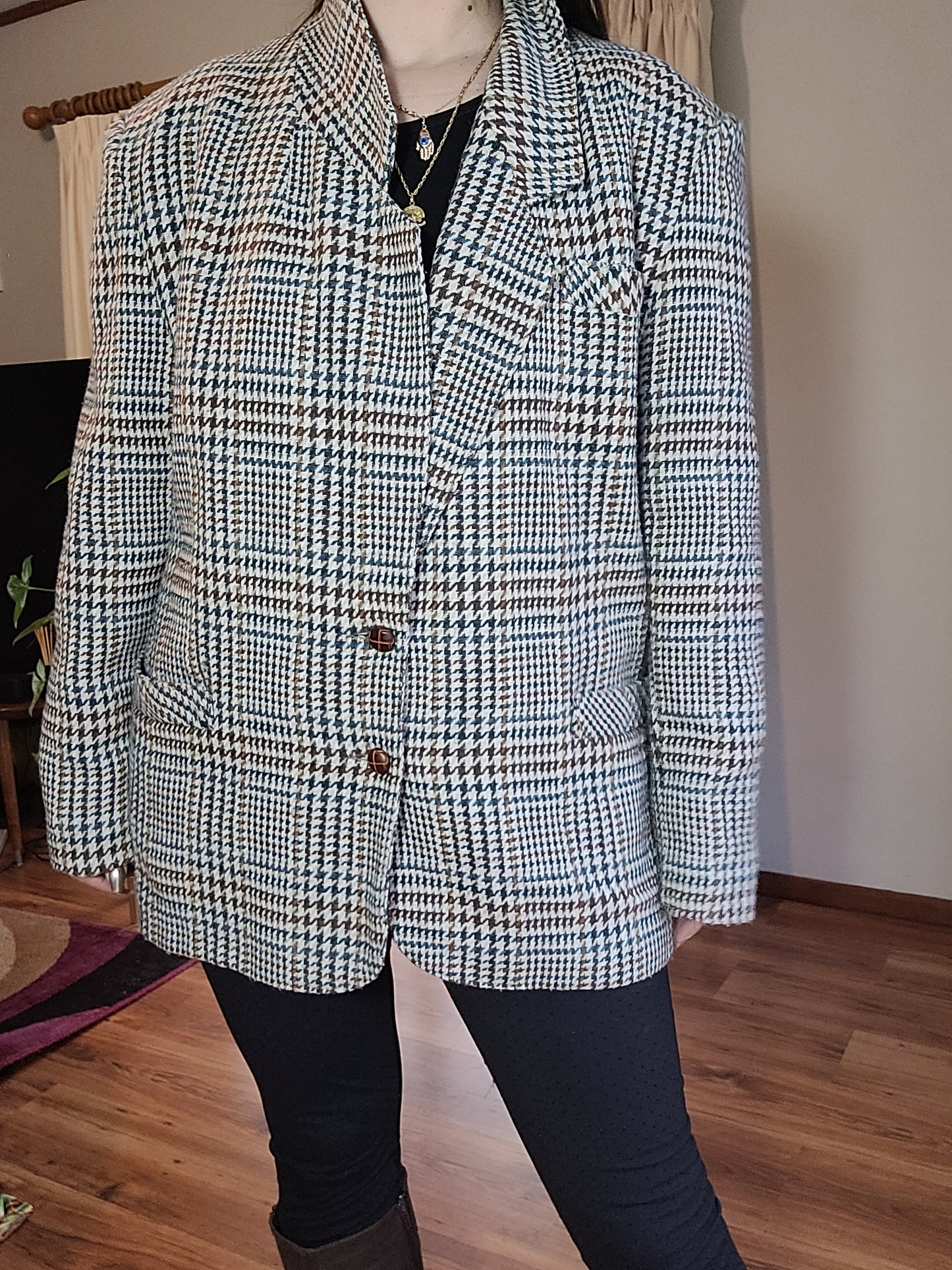 Vintage Houndstooth Blazer Jacket Women