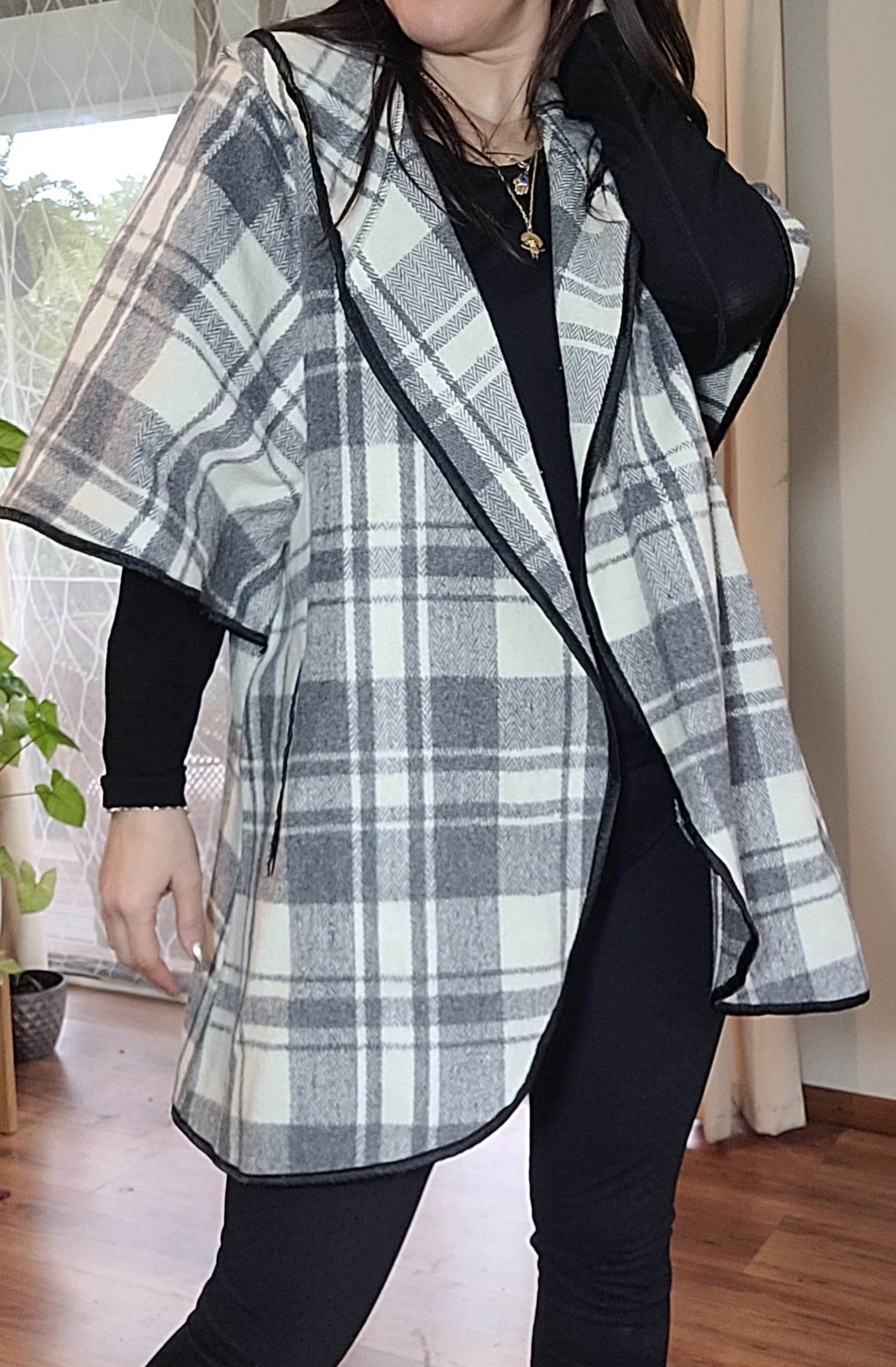 preloved grey and whitte Plaid Coat - Poncho style