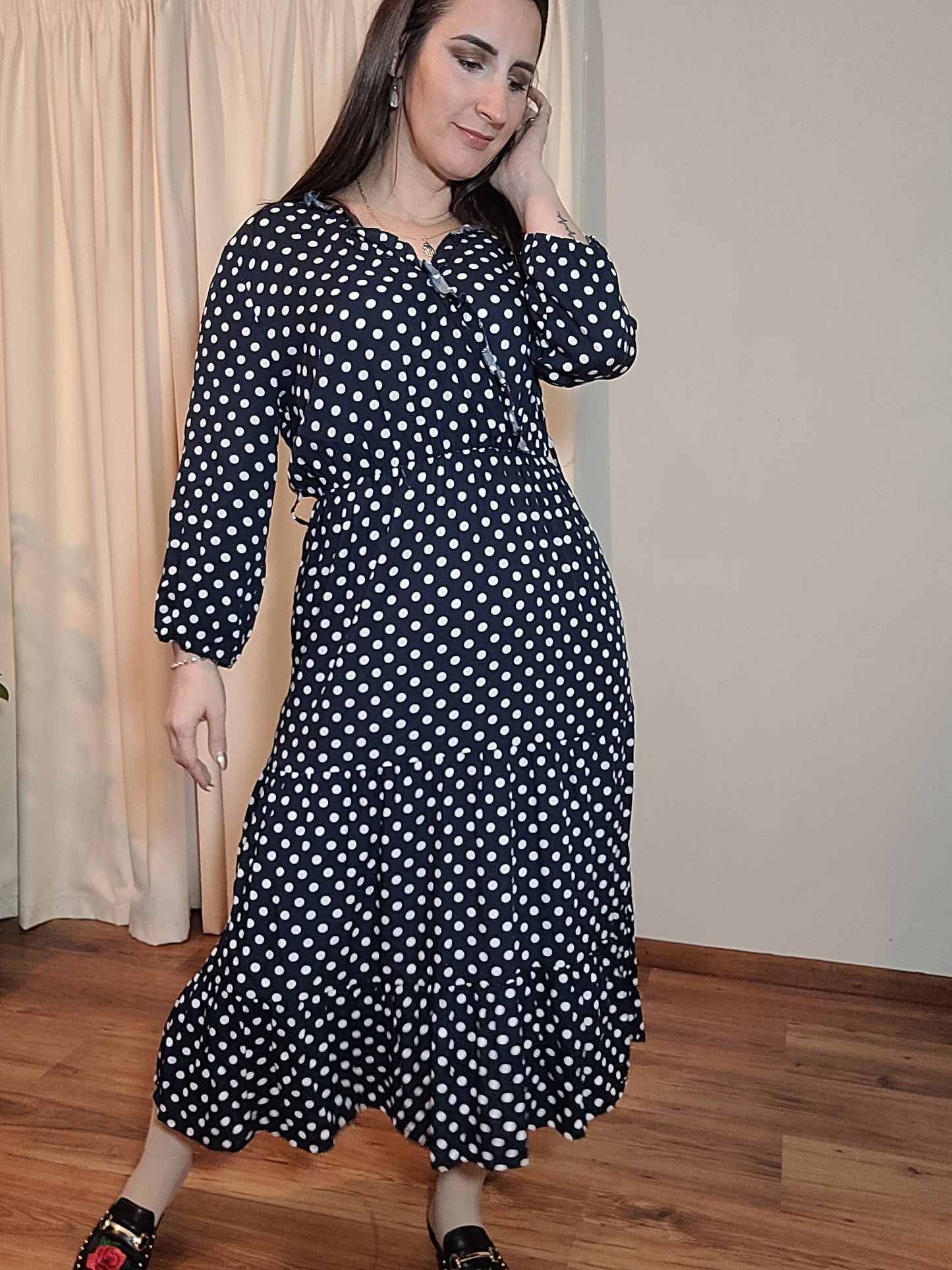 Playful Polka Elegance - Preloved wrap neckline Dress with Timeless Appeal