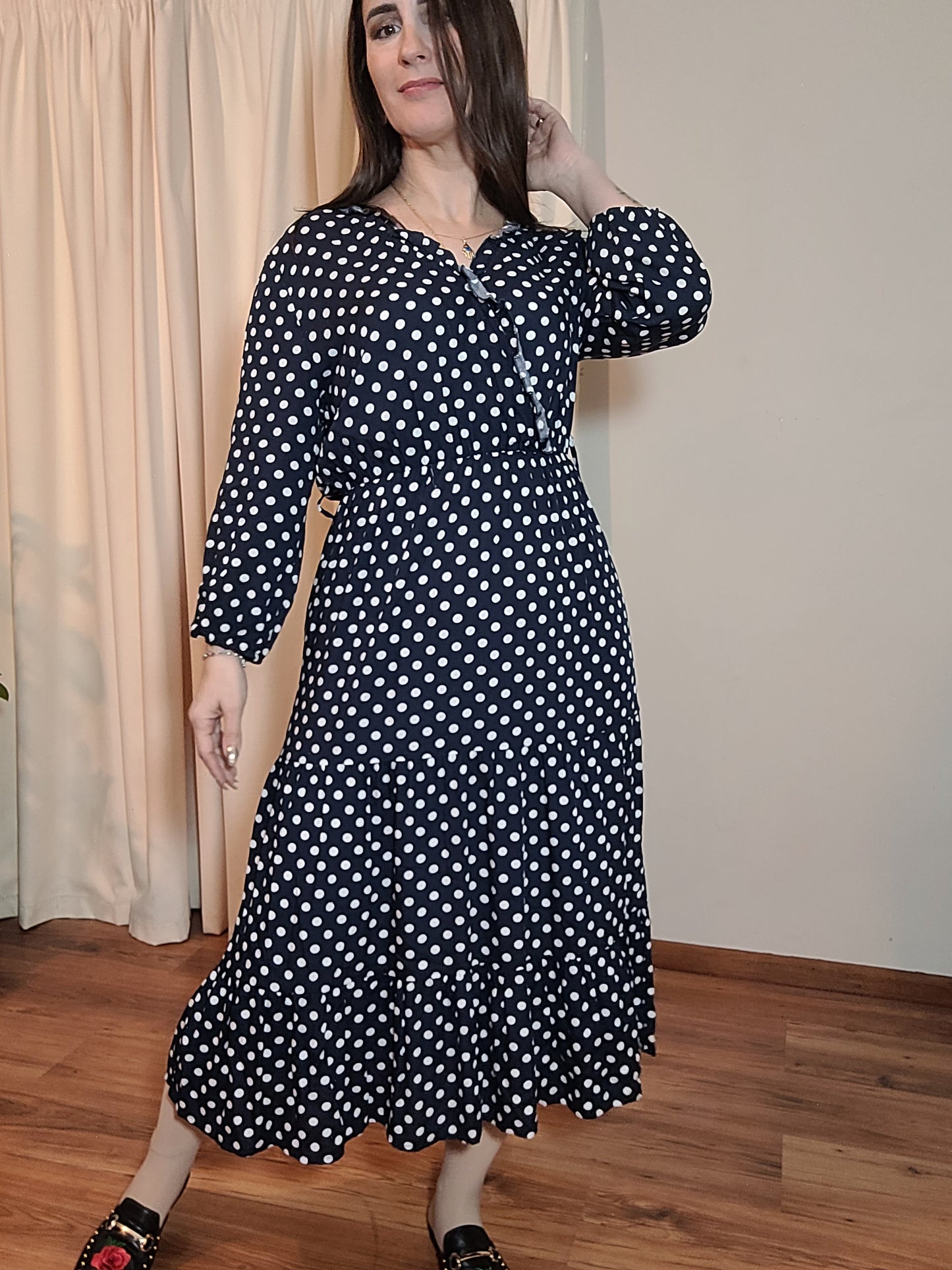 Playful Polka Elegance - Preloved wrap neckline Dress with Timeless Appeal