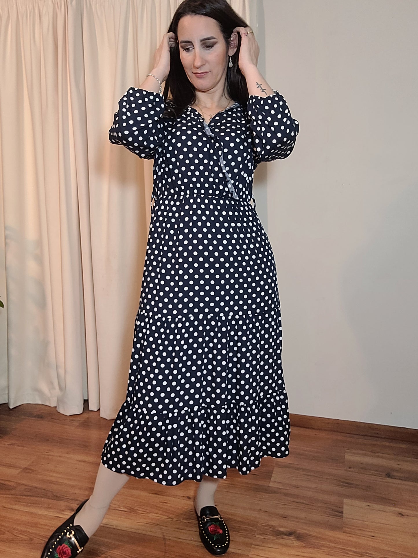 Playful Polka Elegance - Preloved wrap neckline Dress with Timeless Appeal