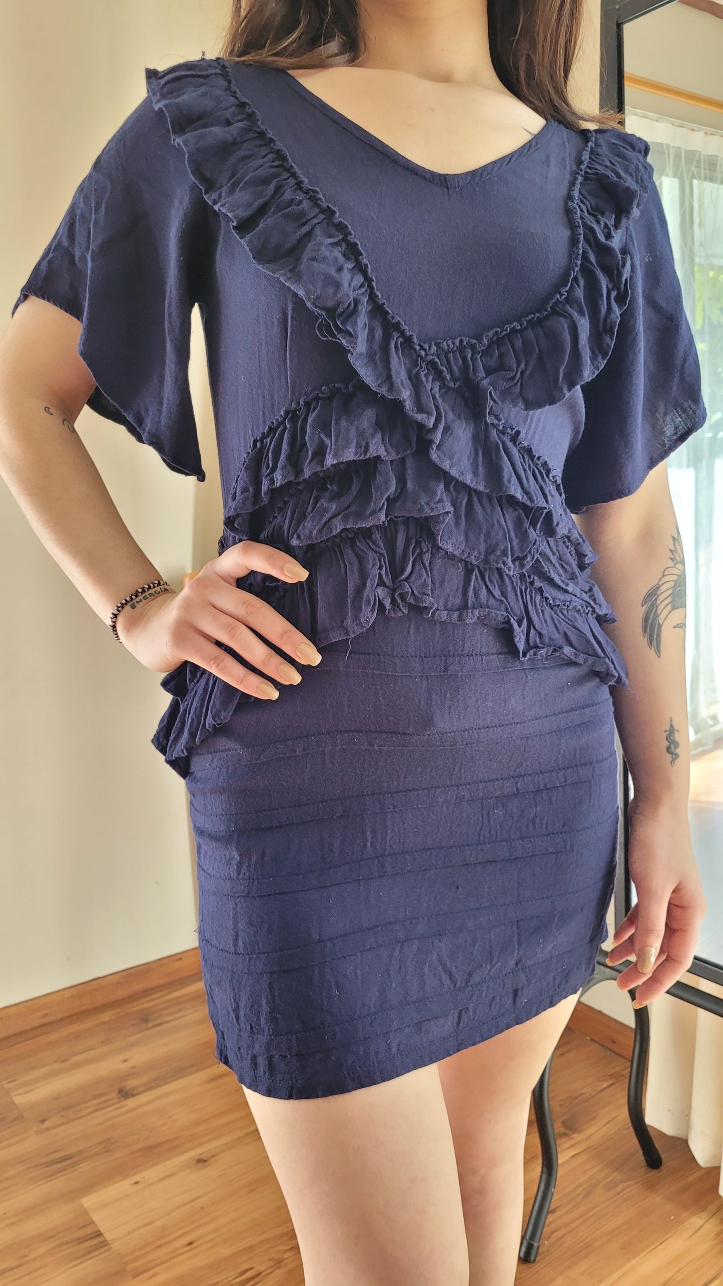 Enchanted in Blue: Elegant Dress with Front Ruffle