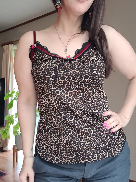 Vintage Leopard Print Mesh Cami Top with Red Velvet 