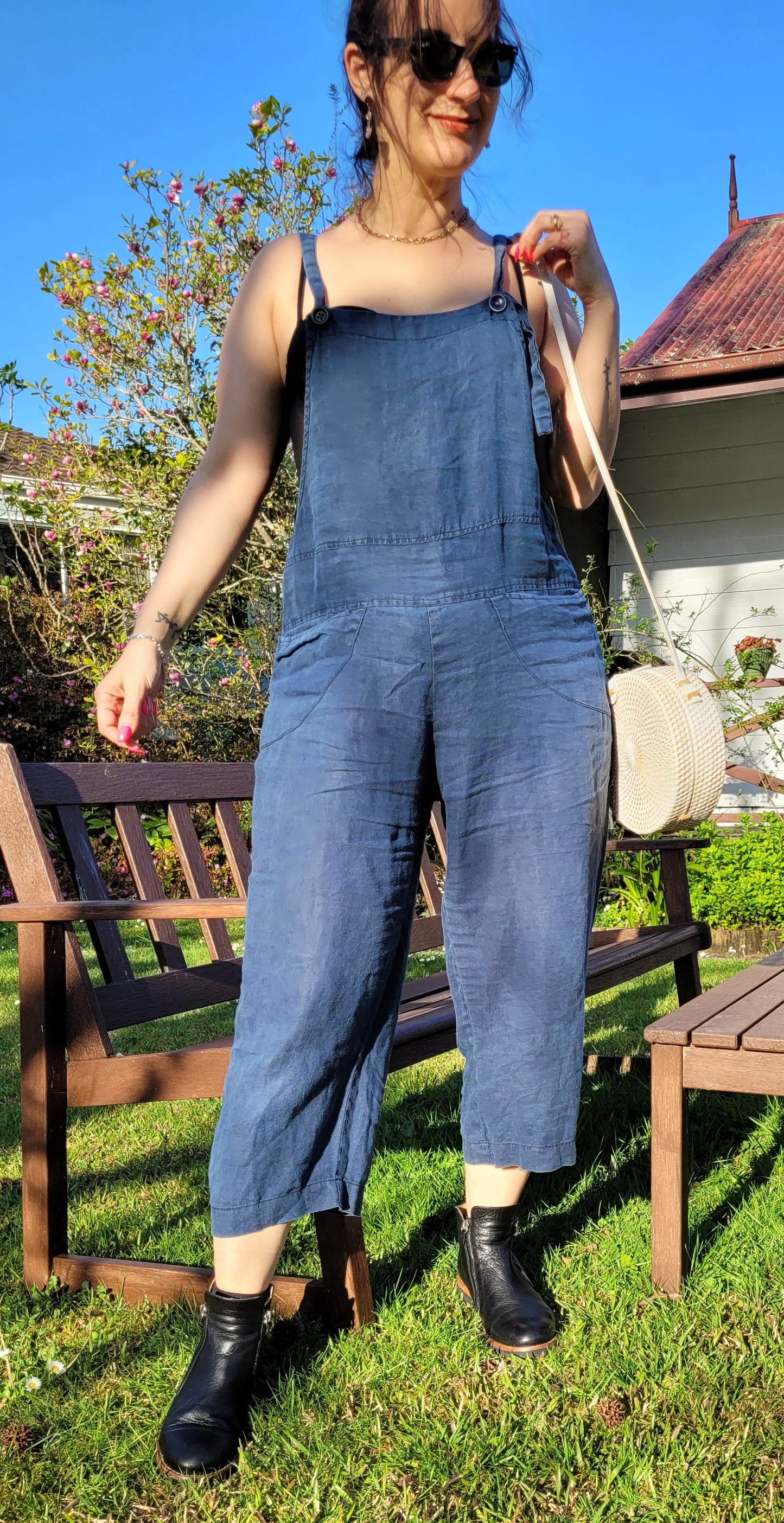 Bohemian Bliss: Handmade Navy Blue Linen Jumpsuit - Second Hand Gem