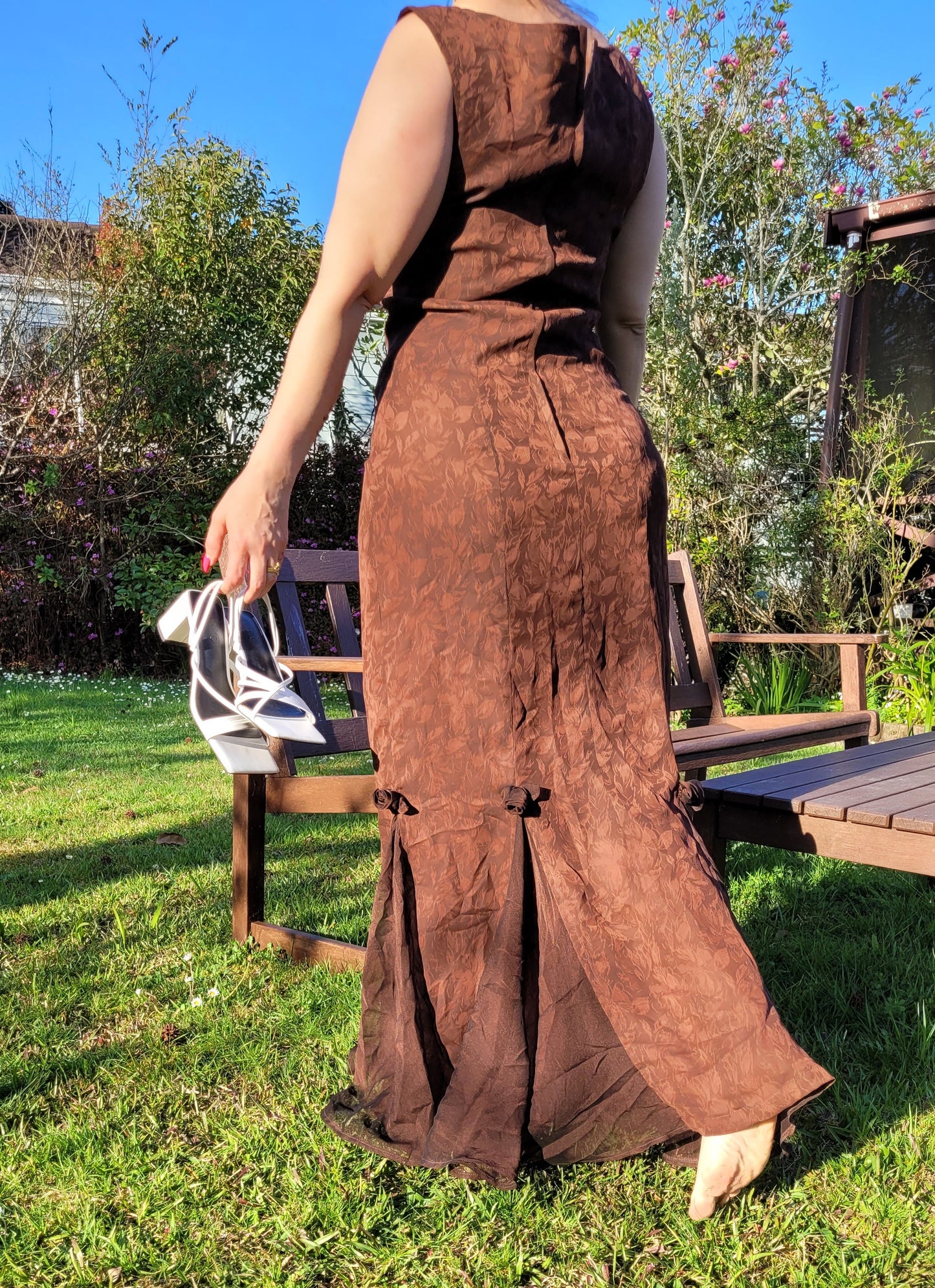 Timeless Elegance: Vintage Brown Maxi Evening Dress - Sustainable Chic