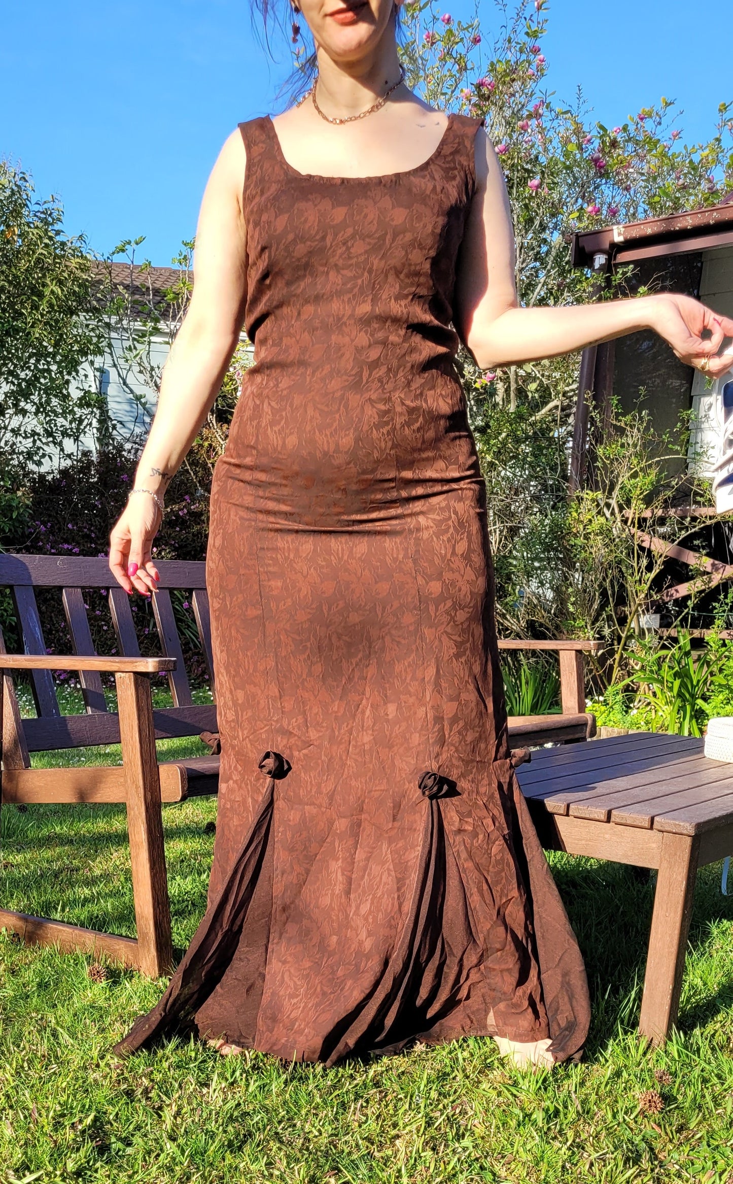 Timeless Elegance: Vintage Brown Maxi Evening Dress - Sustainable Chic