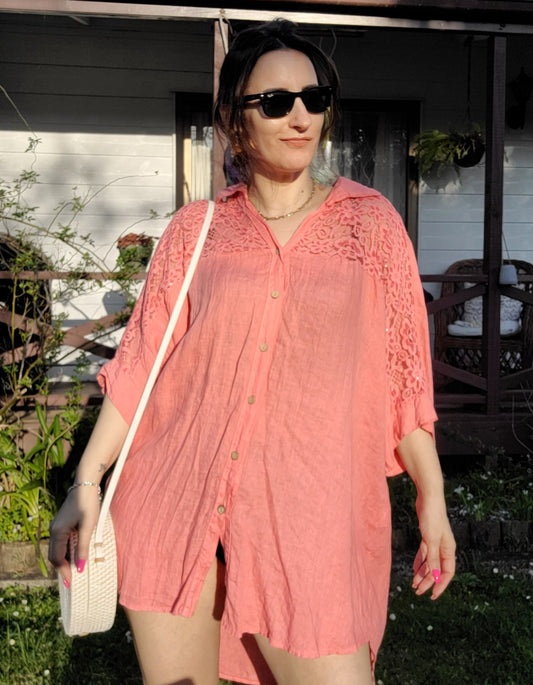 Italian Linen Blouse: Coral Chic for Discerning Tastes