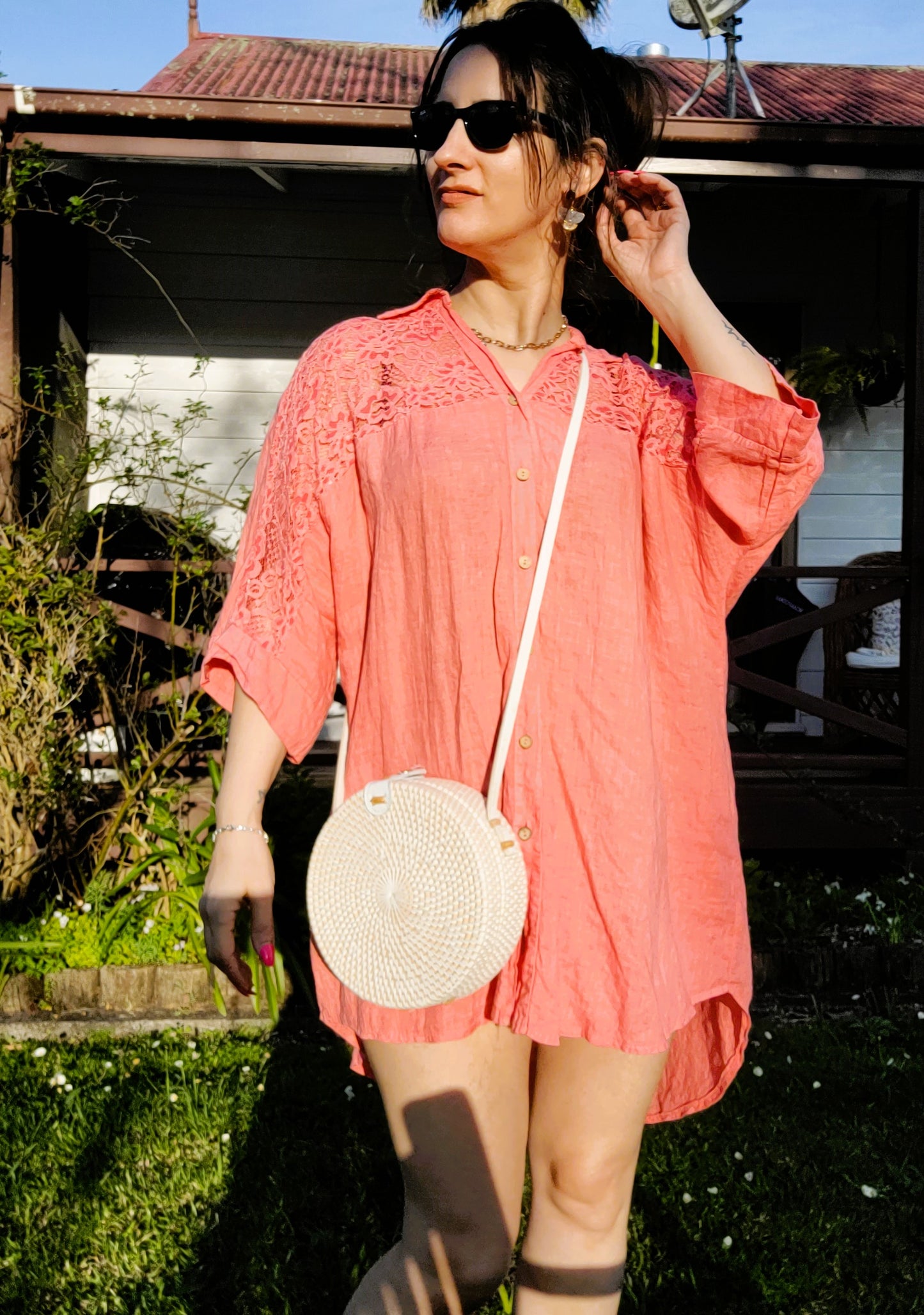 Italian Linen Blouse: Coral Chic for Discerning Tastes