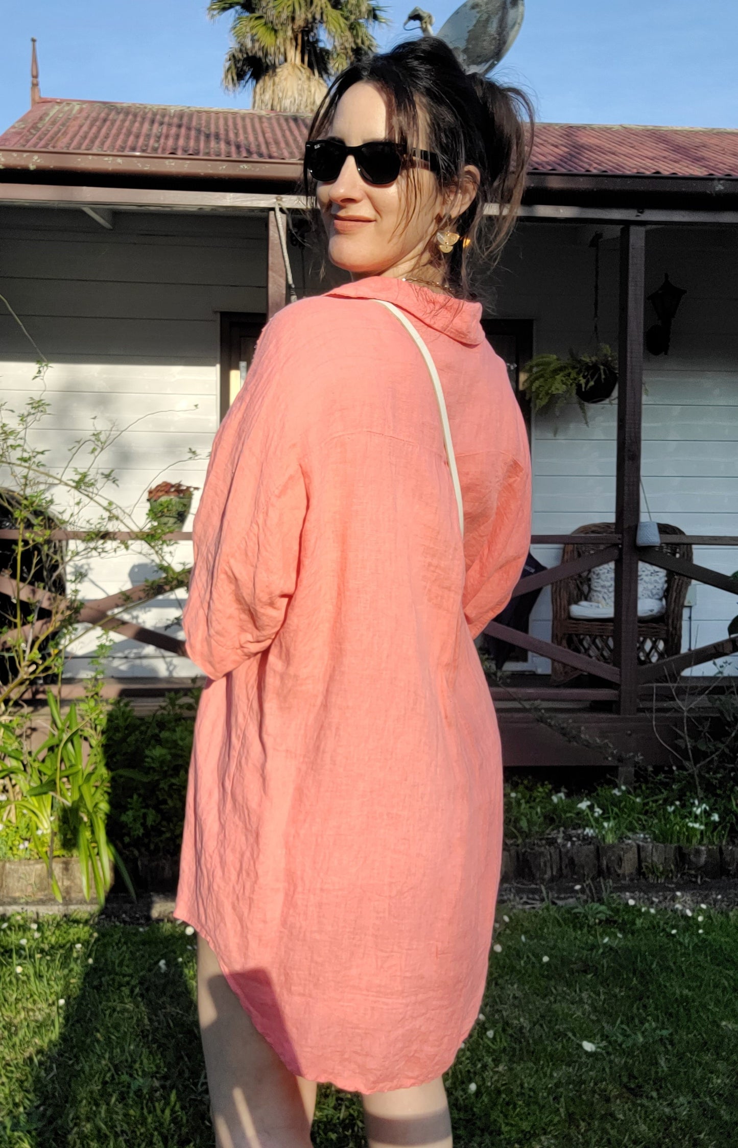 Italian Linen Blouse: Coral Chic for Discerning Tastes