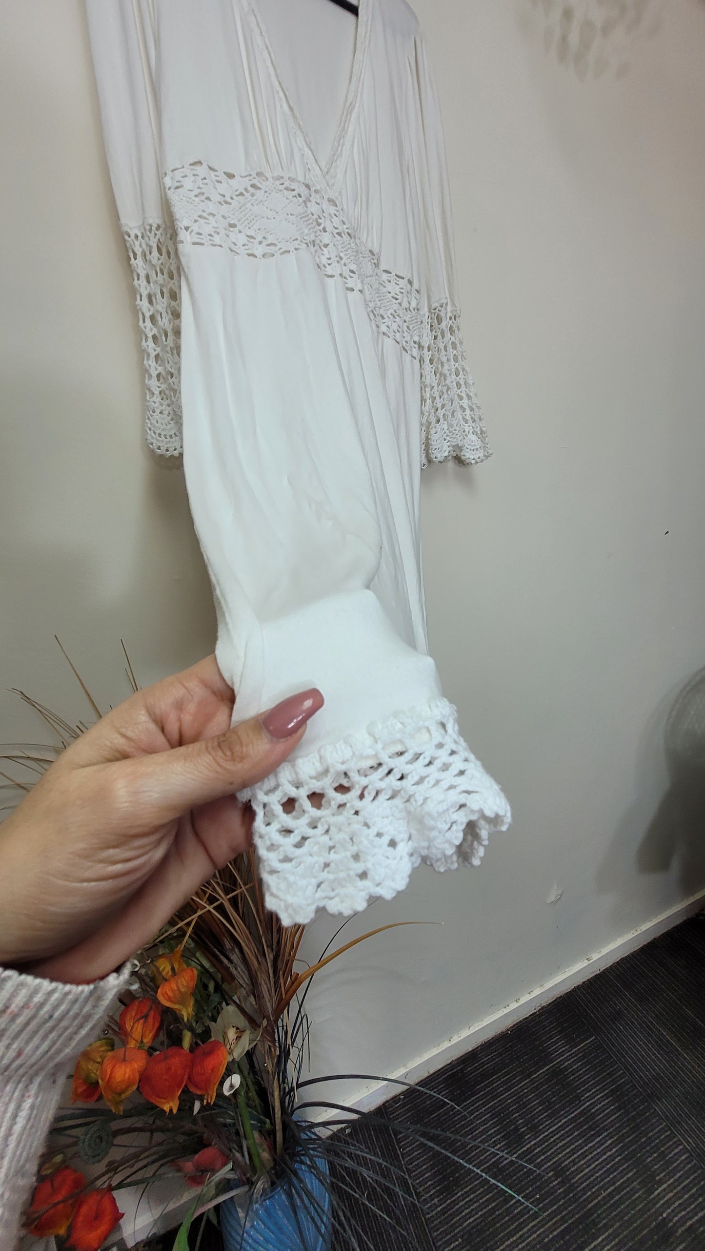 Boho-Chic White Midi Dress - Size L - Preloved