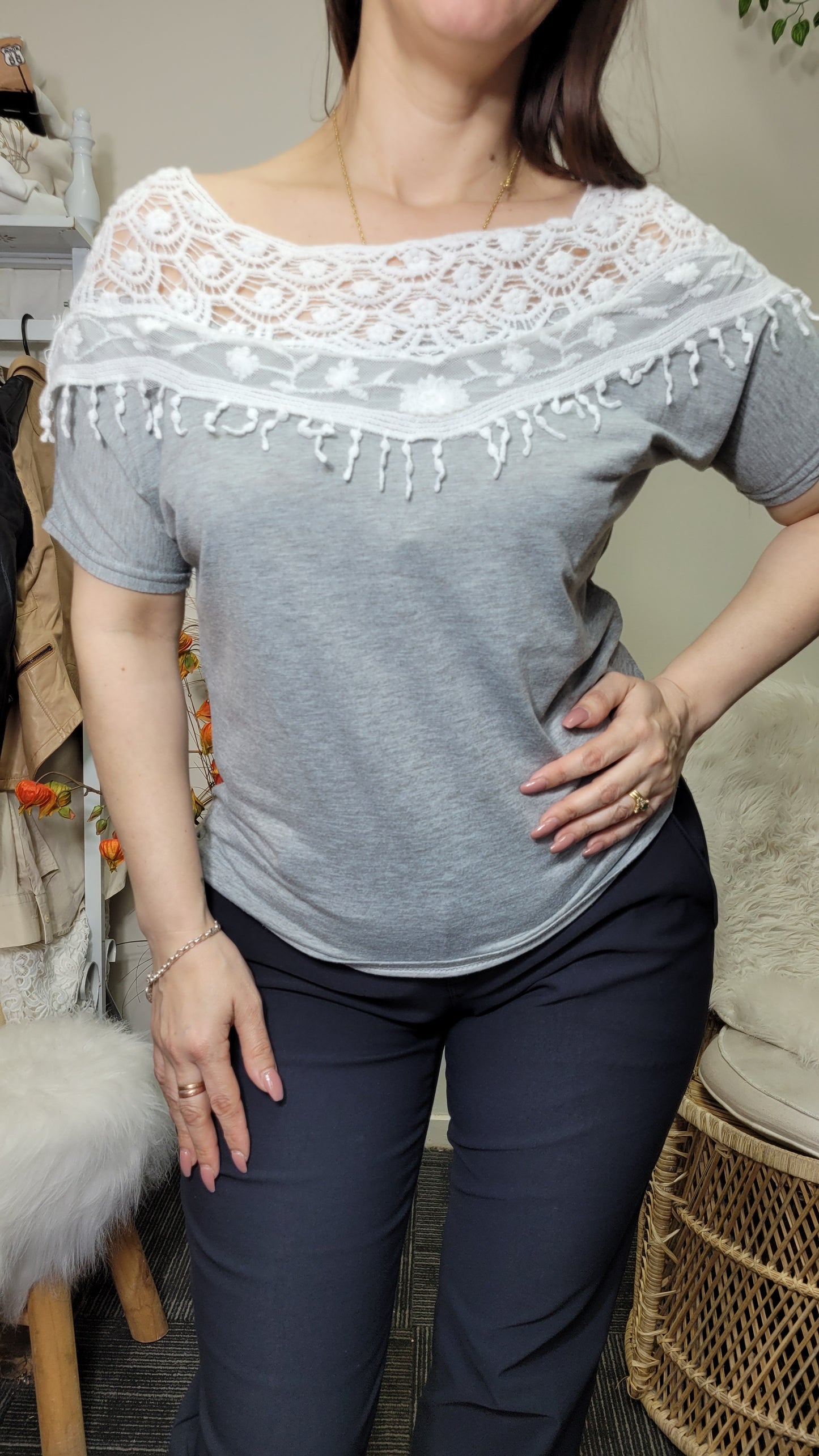 Charming Grey Blouse with Lace Details 👚