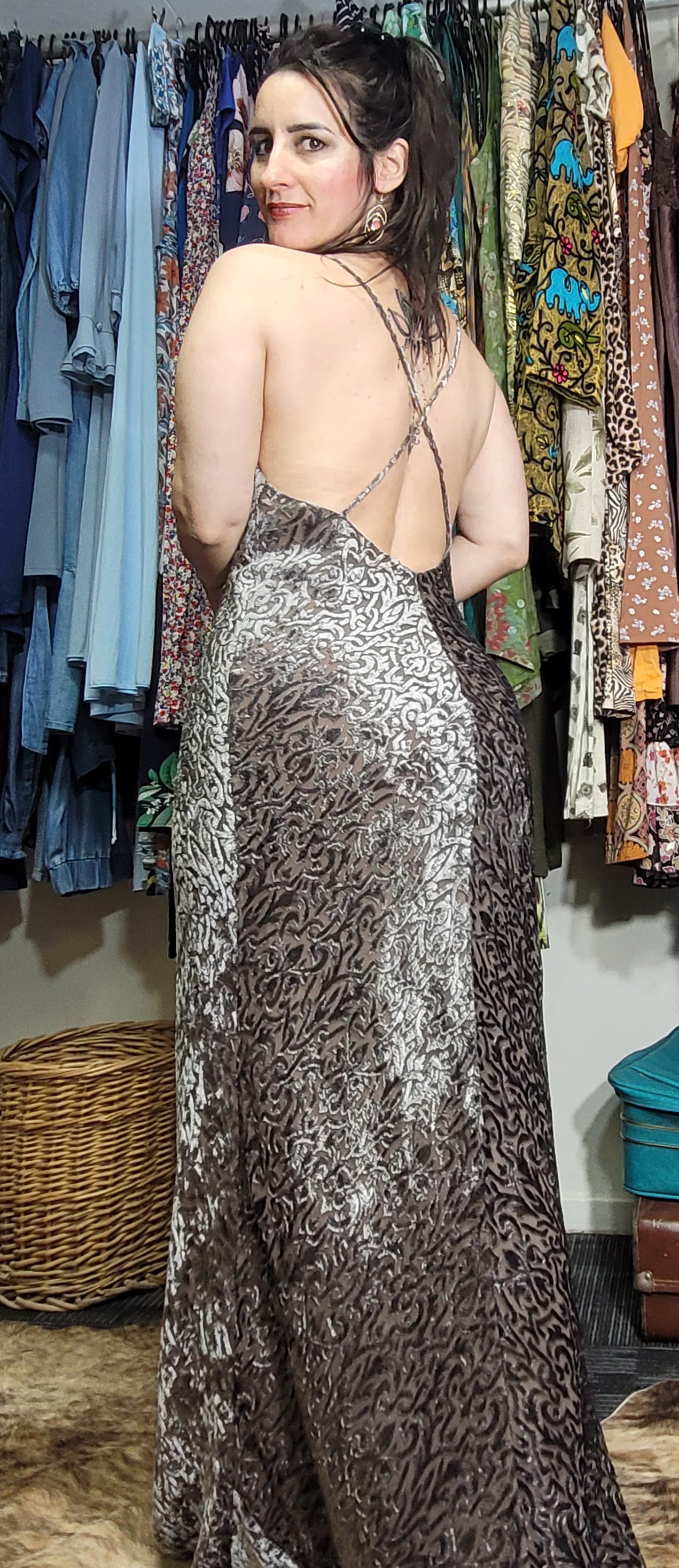 Carla Zampatti SEQUINED GOWN SILVER/GOLD Second Hand dress - Evening Dress Size 12.