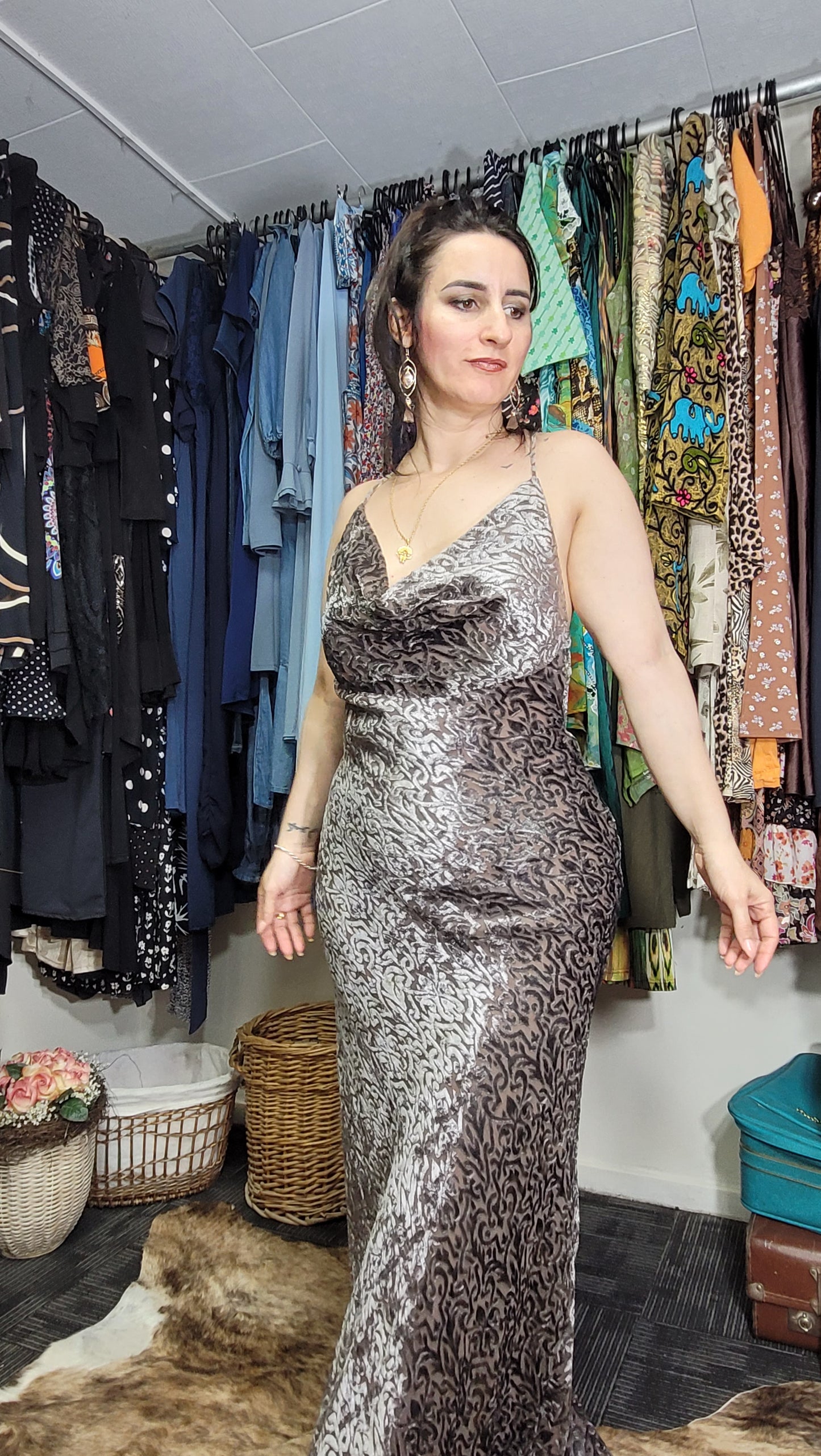 Carla Zampatti SEQUINED GOWN SILVER/GOLD Second Hand dress - Evening Dress Size 12.