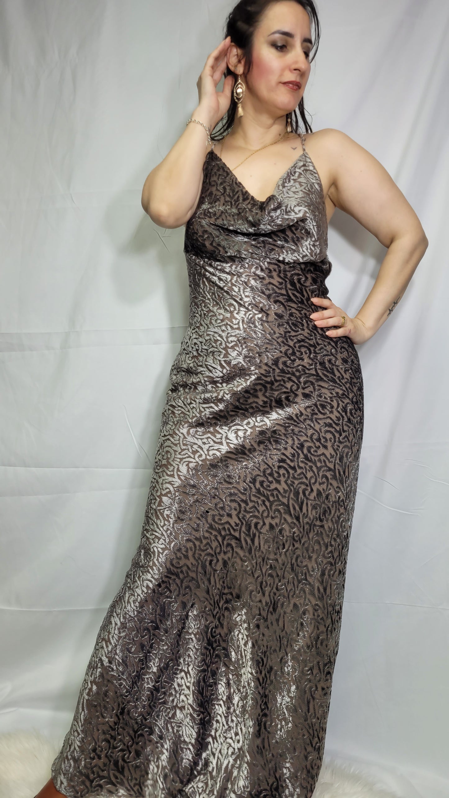 Carla Zampatti SEQUINED GOWN SILVER/GOLD Second Hand dress - Evening Dress Size 12.