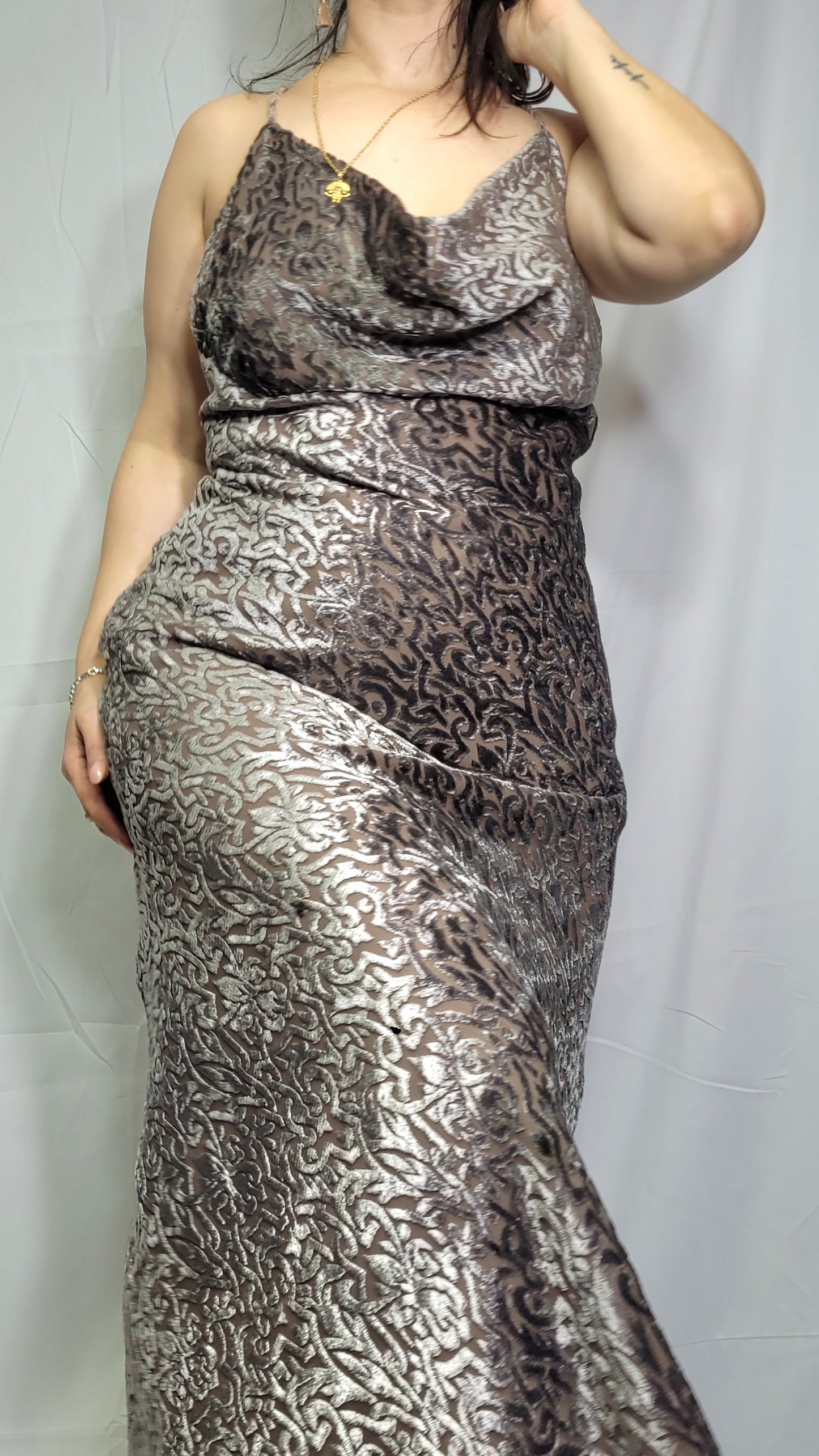 Carla Zampatti SEQUINED GOWN SILVER/GOLD Second Hand dress - Evening Dress Size 12.