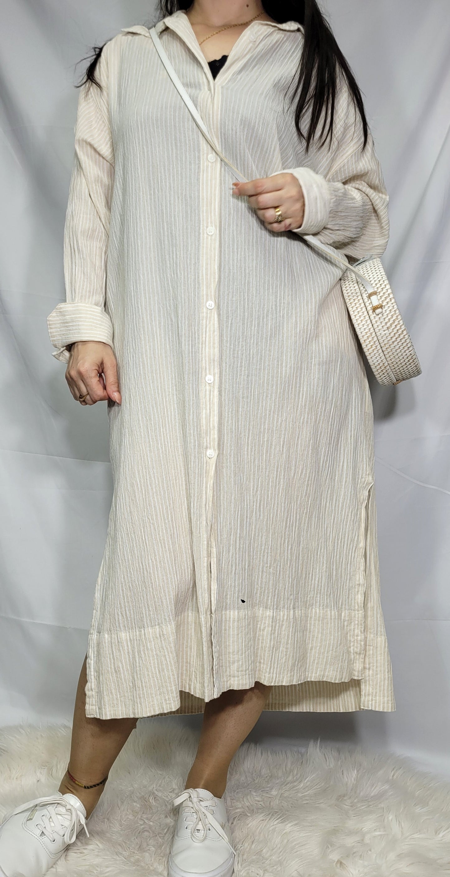 100% Linen Cut Out long shirt Dress Women shirt dress White and beige color