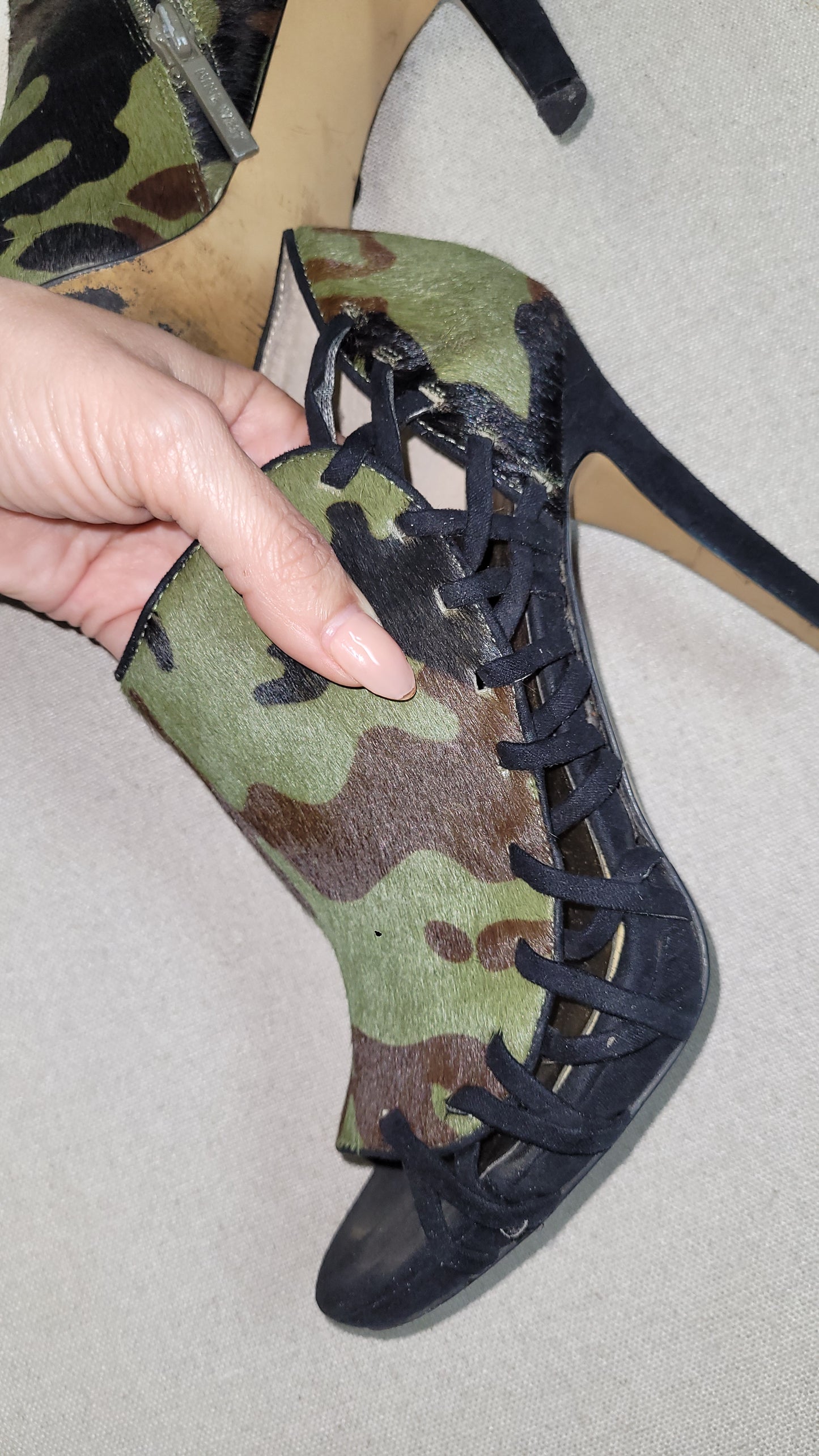 Stunning second hand Camo Heels - Leather Fur Ankle Boots Womens HEELS PEEP