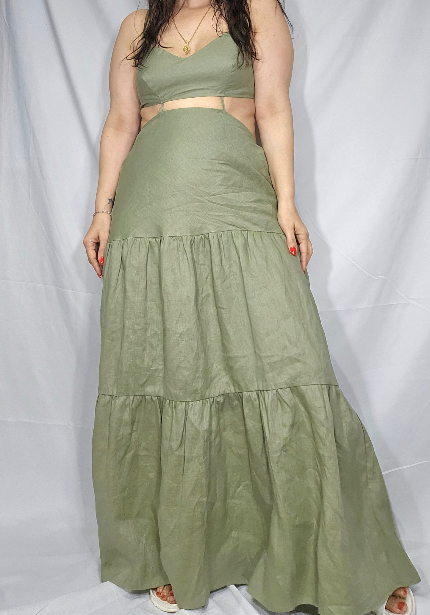 Amalie The Label - ROZELLE LINEN CUT OUT TIE BACK MAXI DRESS IN SAGE