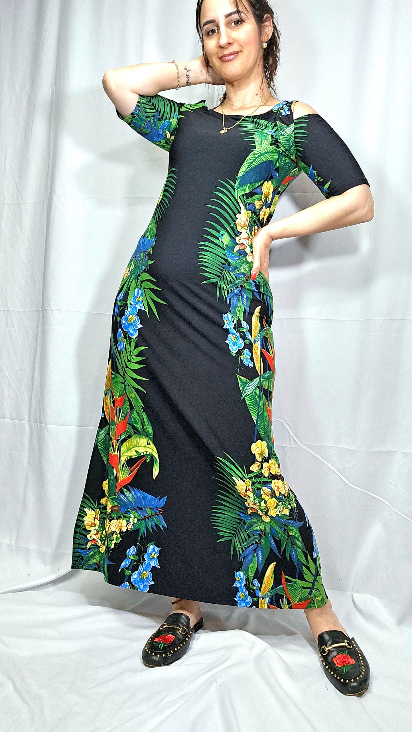 Tropical Cold-shoulder Maxi Dress