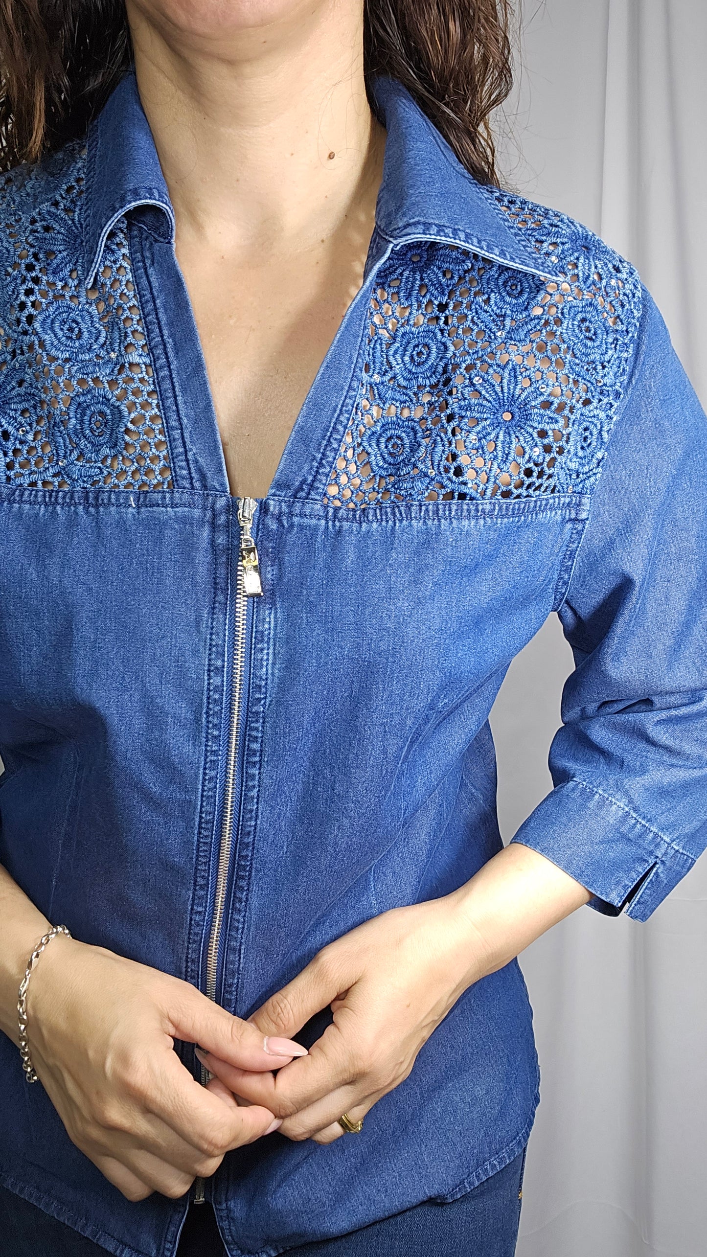 Beautiful 3/4 Sleeves Women Shirt- Denim lace shirt