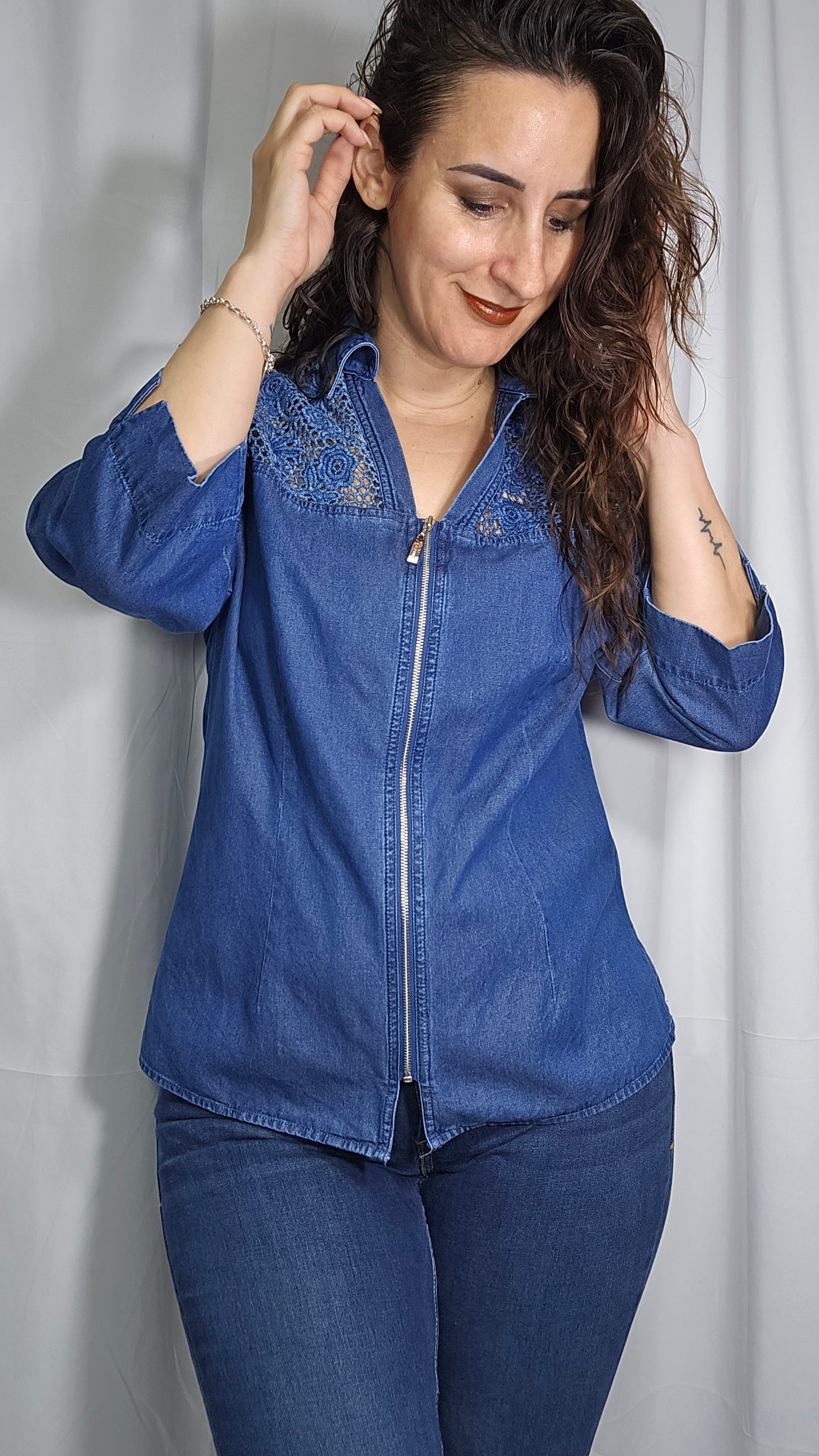 Beautiful 3/4 Sleeves Women Shirt- Denim lace shirt