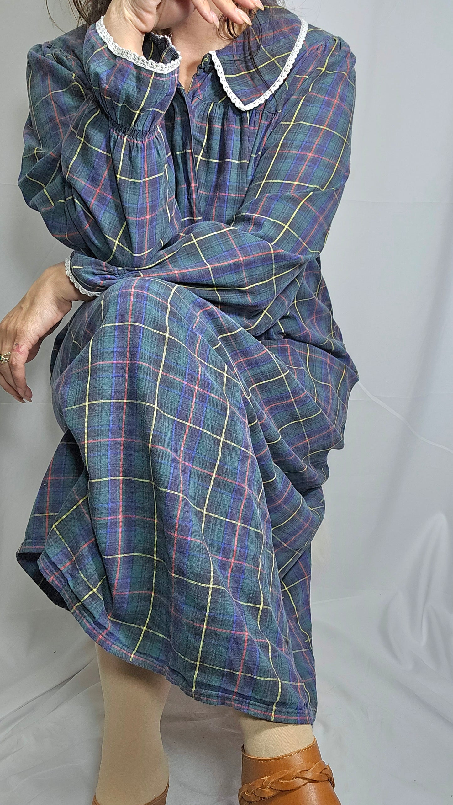 Vintage Blue/Green Plaid Long Nightgown Large