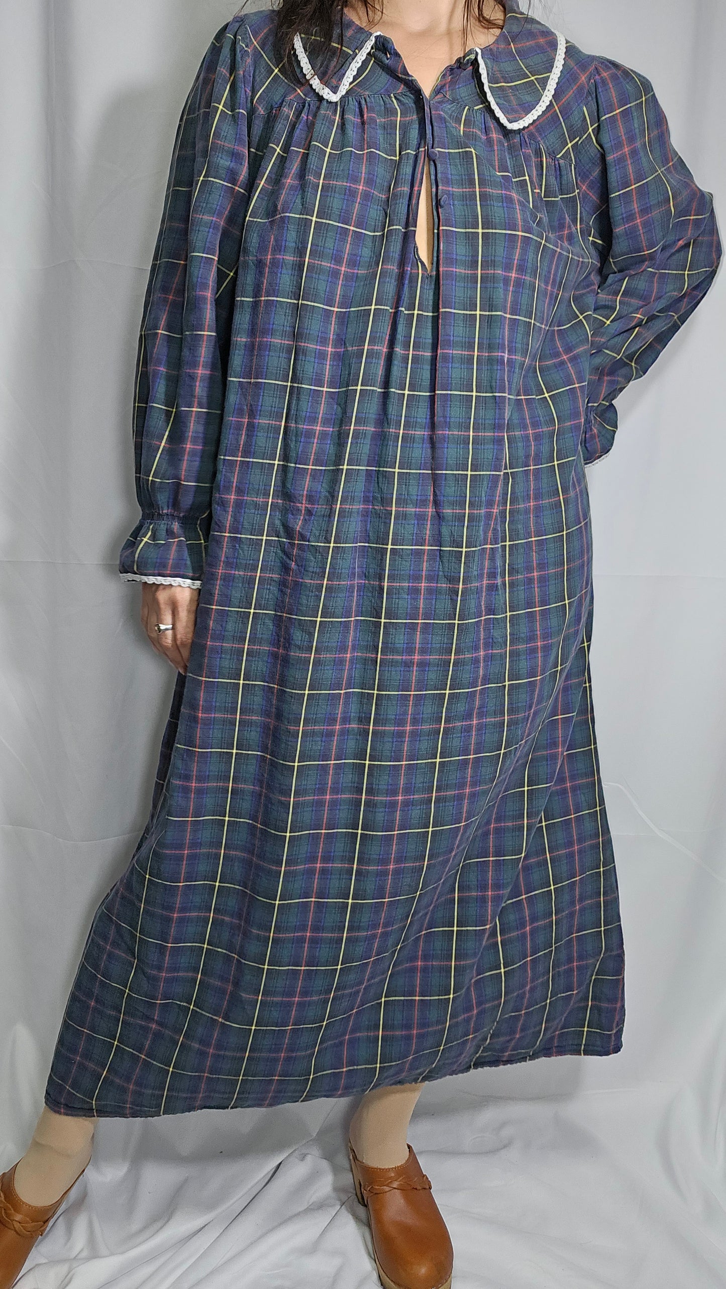 Vintage Blue/Green Plaid Long Nightgown Large